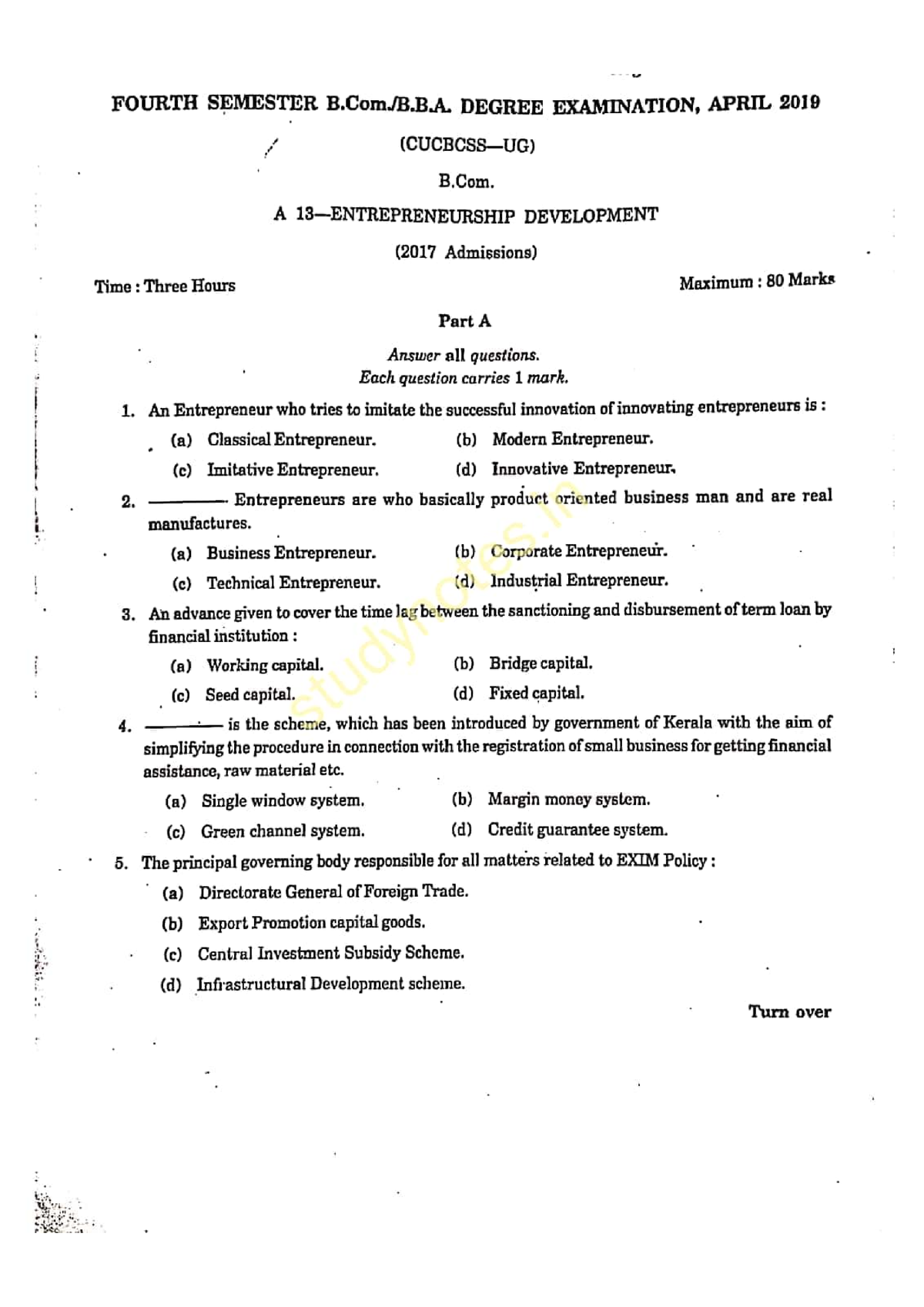 BCom EDP 2019 Question Paper - Entrepreneurship Development And Project ...