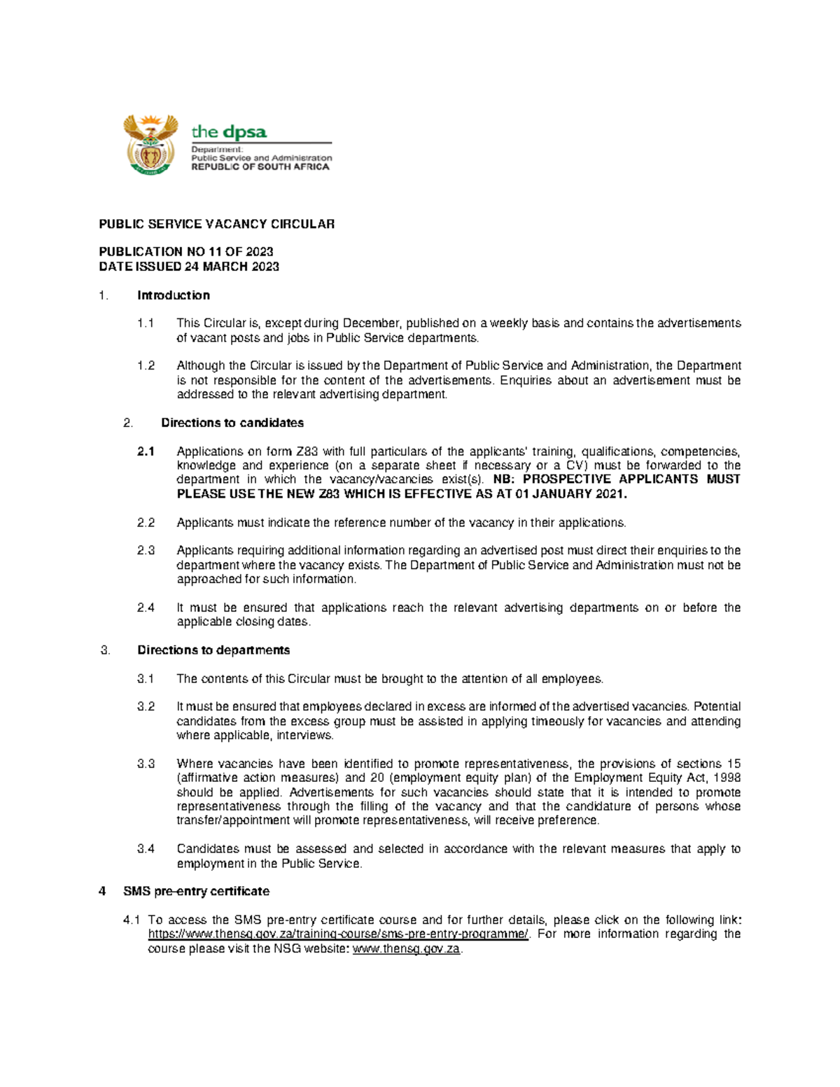 PSV Circular 11 OF 2023 - N/A - PUBLIC SERVICE VACANCY CIRCULAR