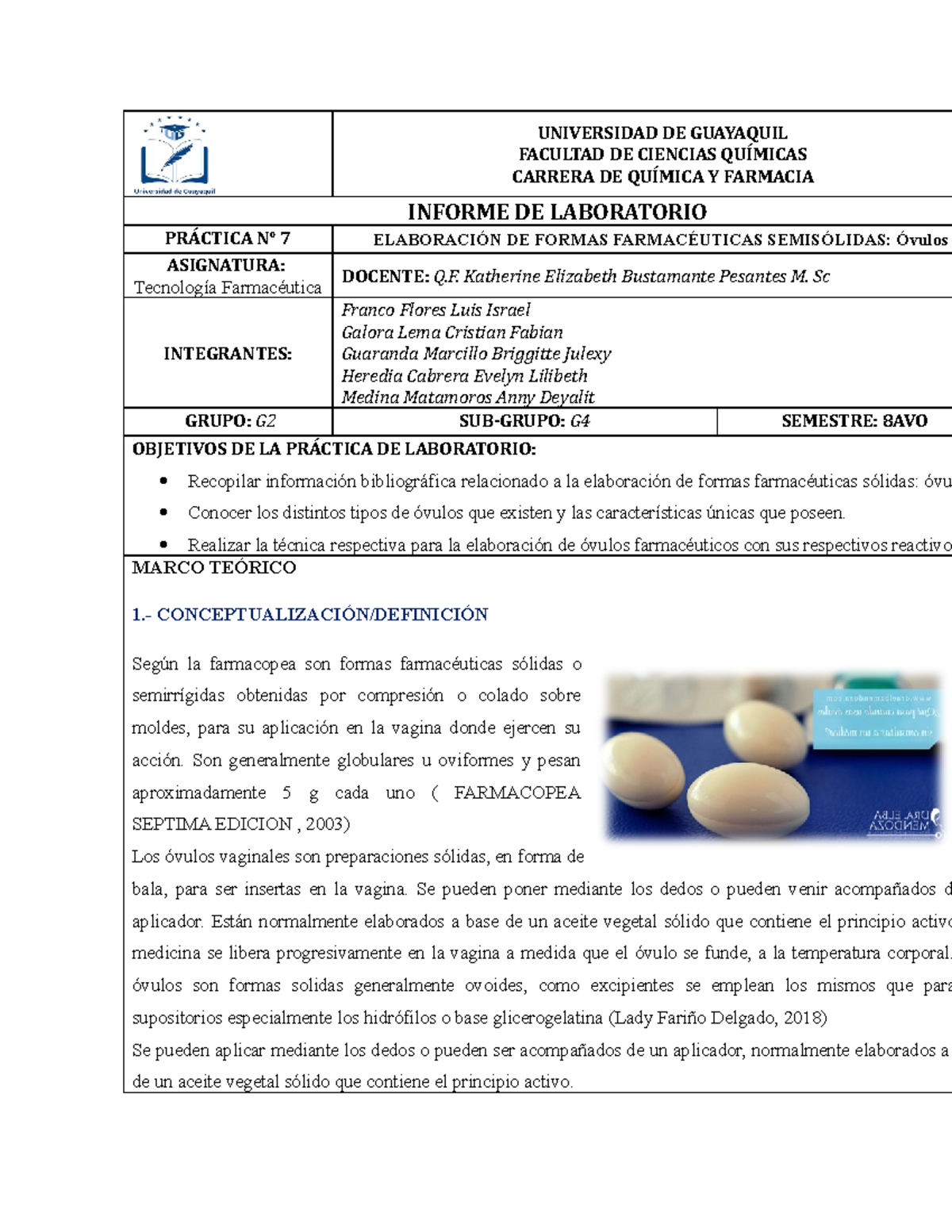 Informe N°7 -ELABORACIÓN DE FORMAS FARMACÉUTICAS SEMISÓLIDAS: Óvulos -  UNIVERSIDAD DE GUAYAQUIL - StuDocu