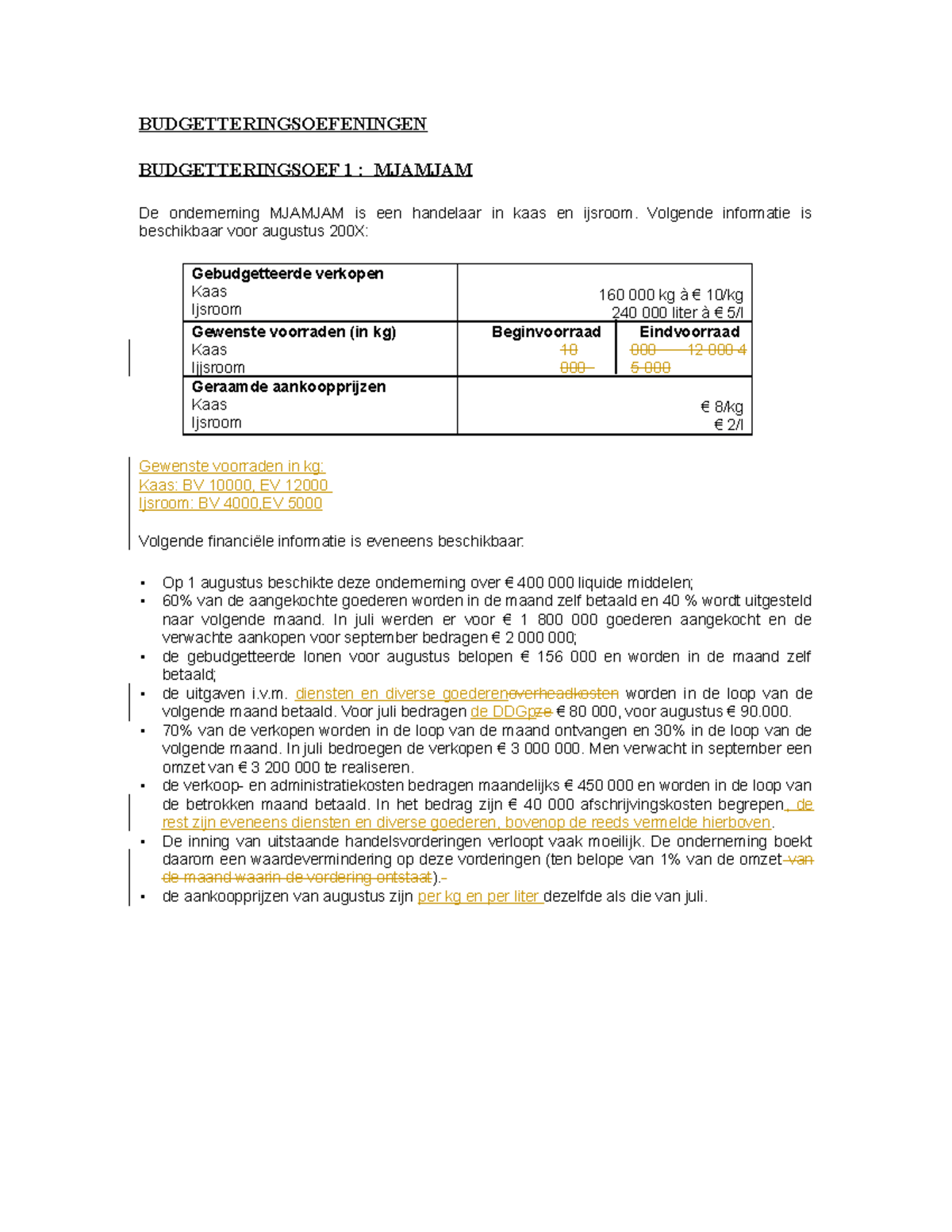 Oefeningen Budgettering - BUDGETTERINGSOEFENINGEN BUDGETTERINGSOEF 1 ...
