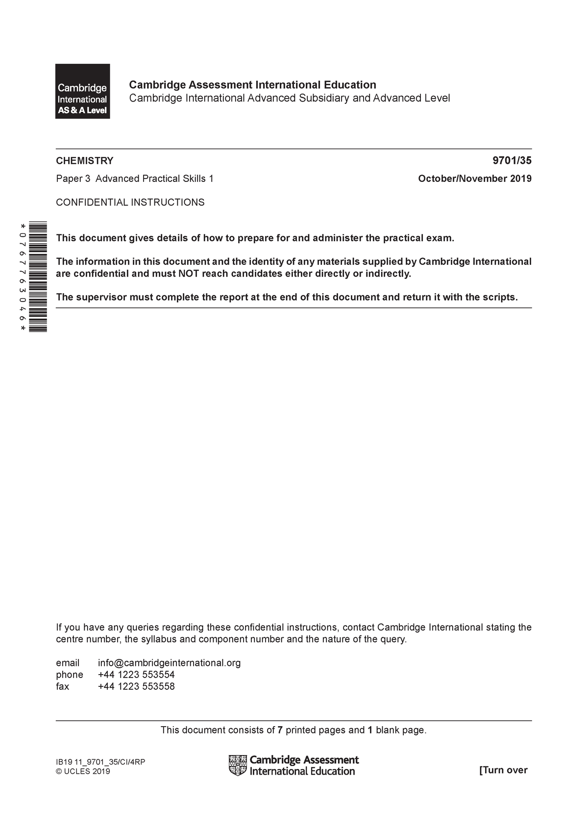 9701 w19 ci 35 - Past paper - CHEMISTRY 9701/ Paper 3 Advanced ...