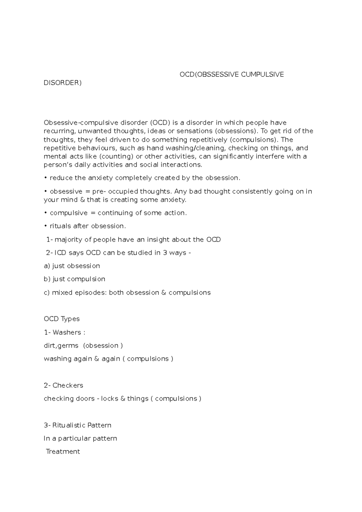 OCD - These are lecture notes for OCD ( obssessive compulsive disorder ...