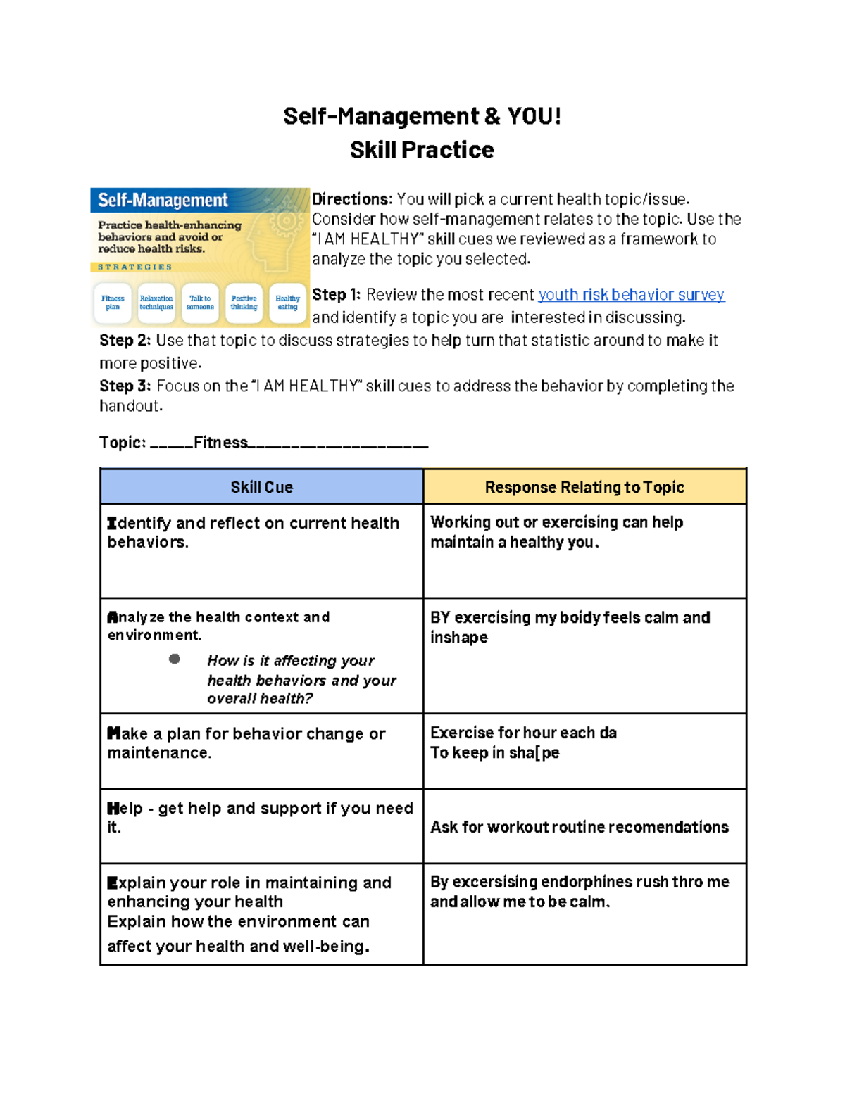 Copy of Self-Management & YOU - Self-Management & YOU! Skill Practice ...