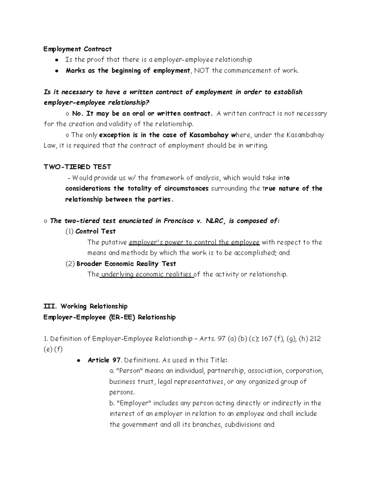 Employment Contract - Notes - Employment Contract Is the proof that ...