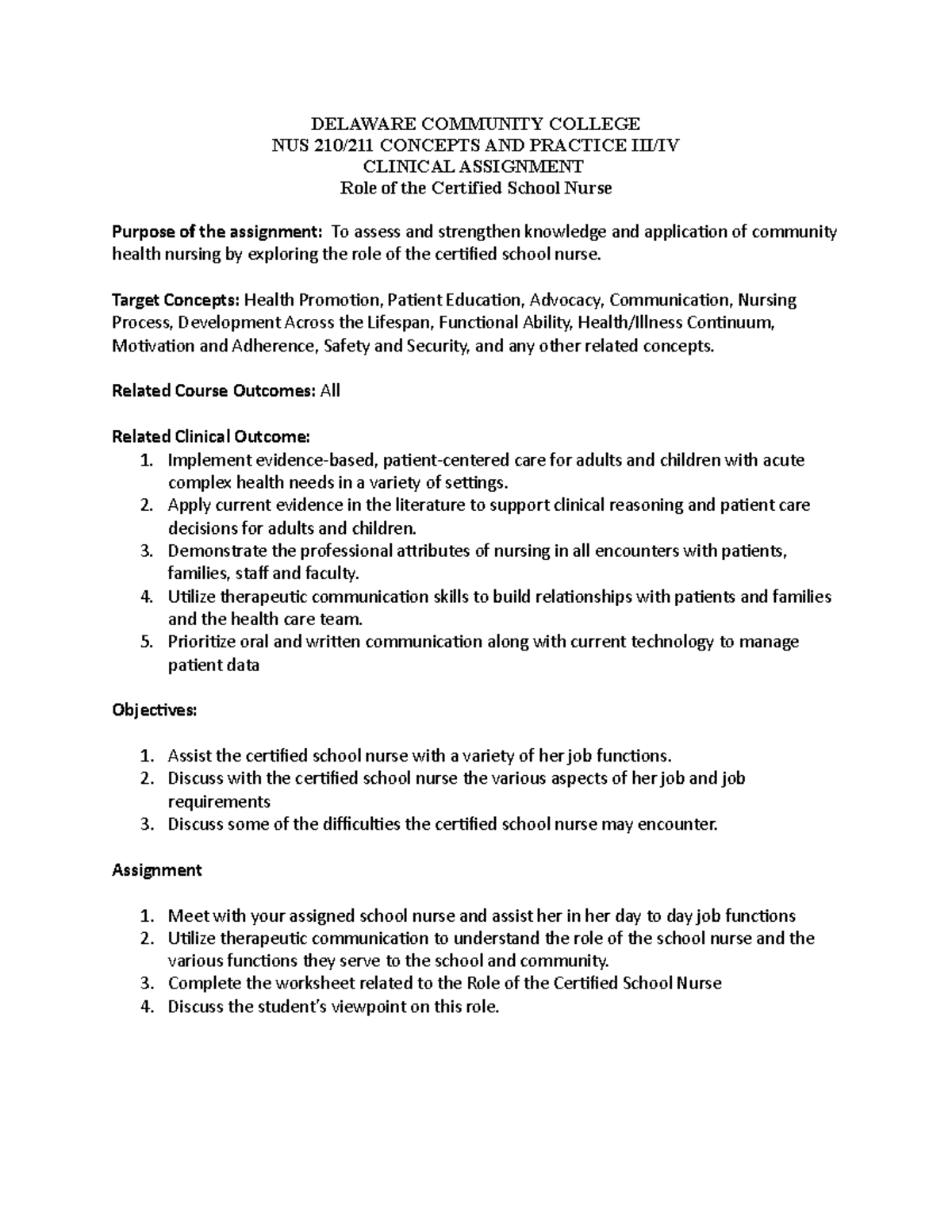 NURS 210 - Clinical - 11-19 School Nurse assignment - DELAWARE ...