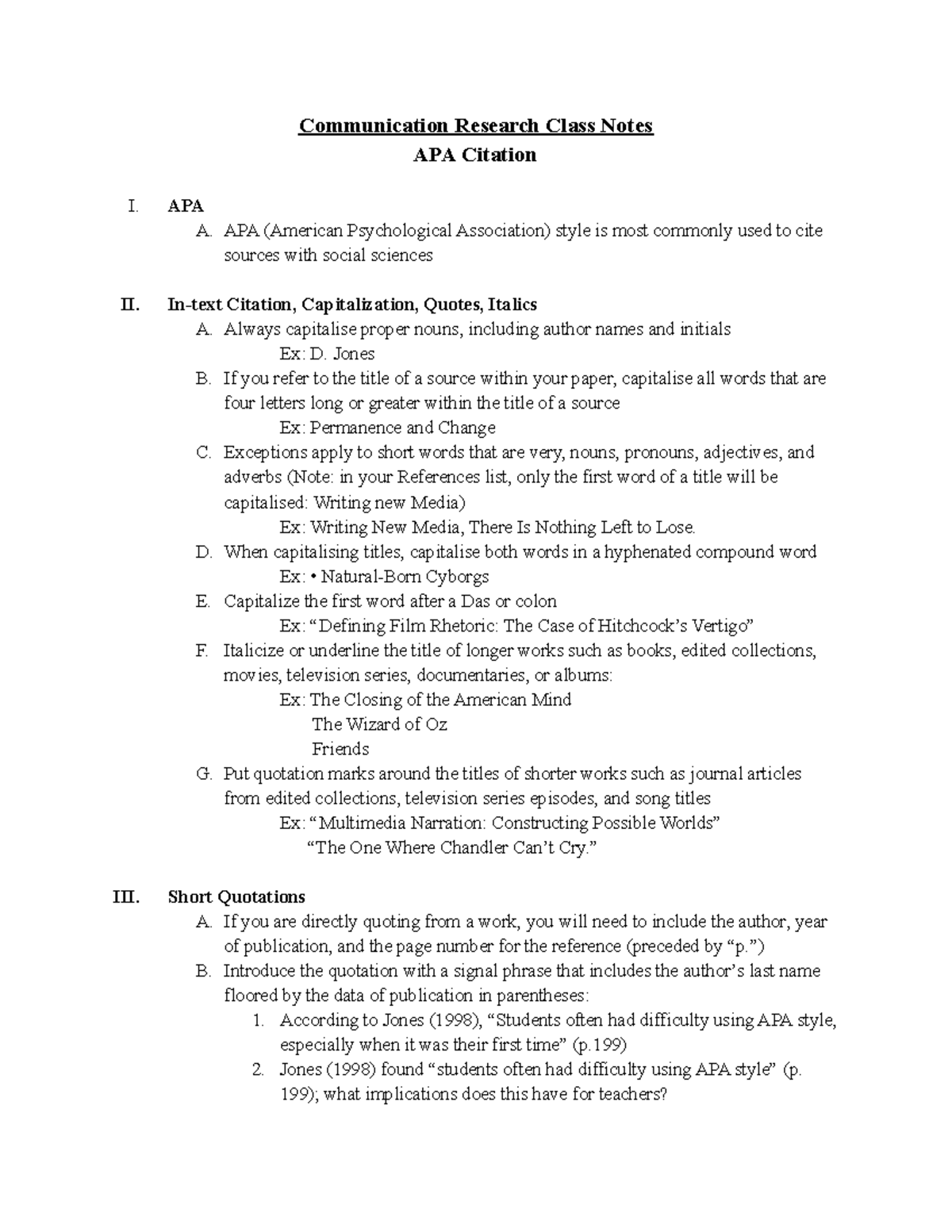 Communication Research Class Notes APA Citation - APA A. APA (American ...