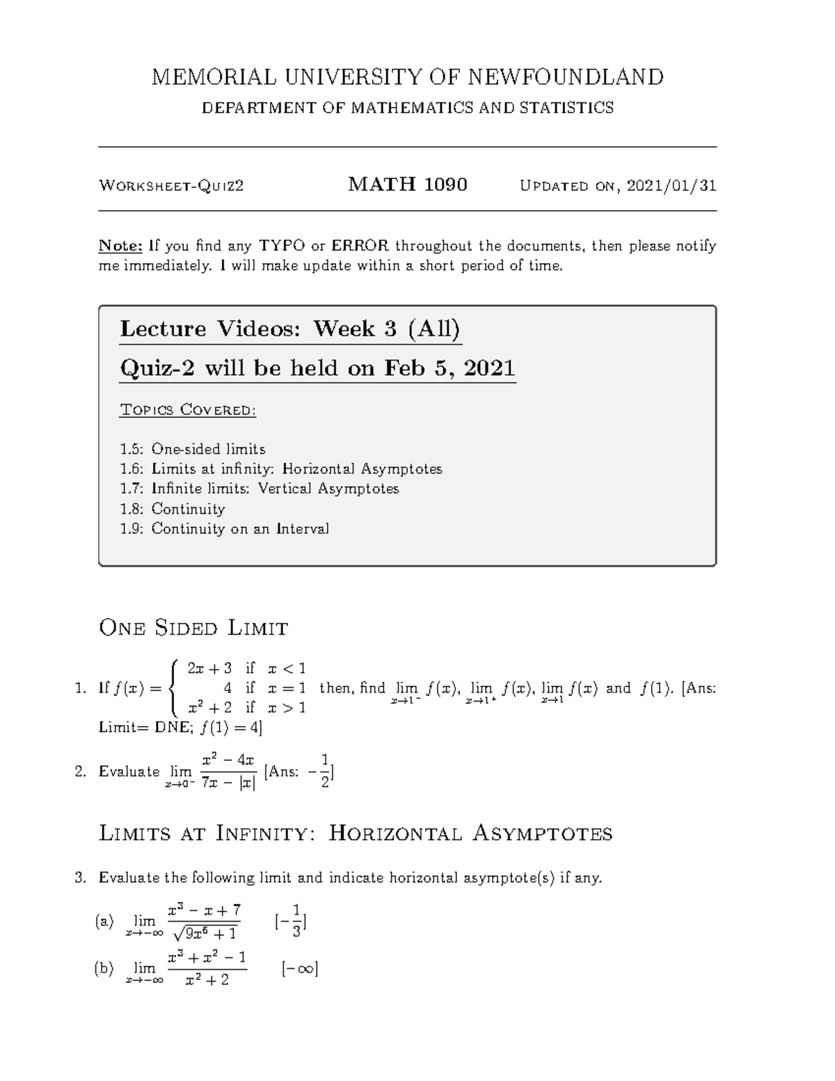 Math Quiz 2 Review MEMORIAL UNIVERSITY OF NEWFOUNDLAND DEPARTMENT OF MATHEMATICS AND