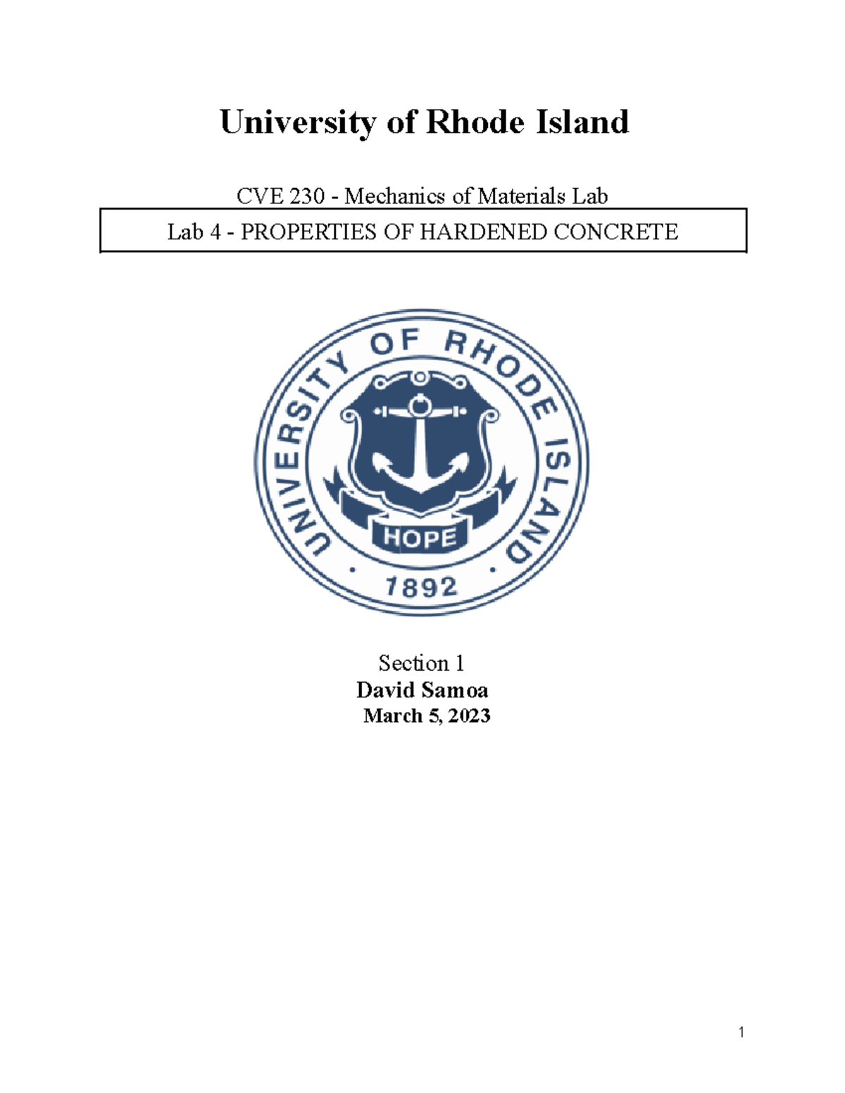 Mechanics of Materials Lab Lab 4 The unit weight of concrete in pcf