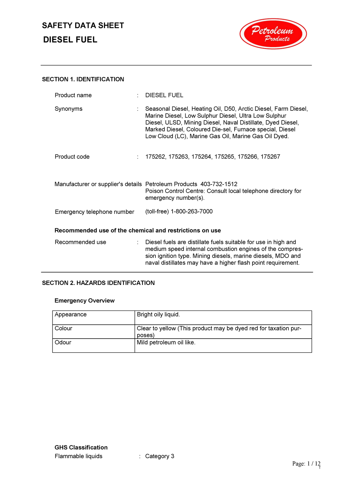 Diesel SDS Chemical Information Safety DIESEL FUEL Page 1 / 12 T