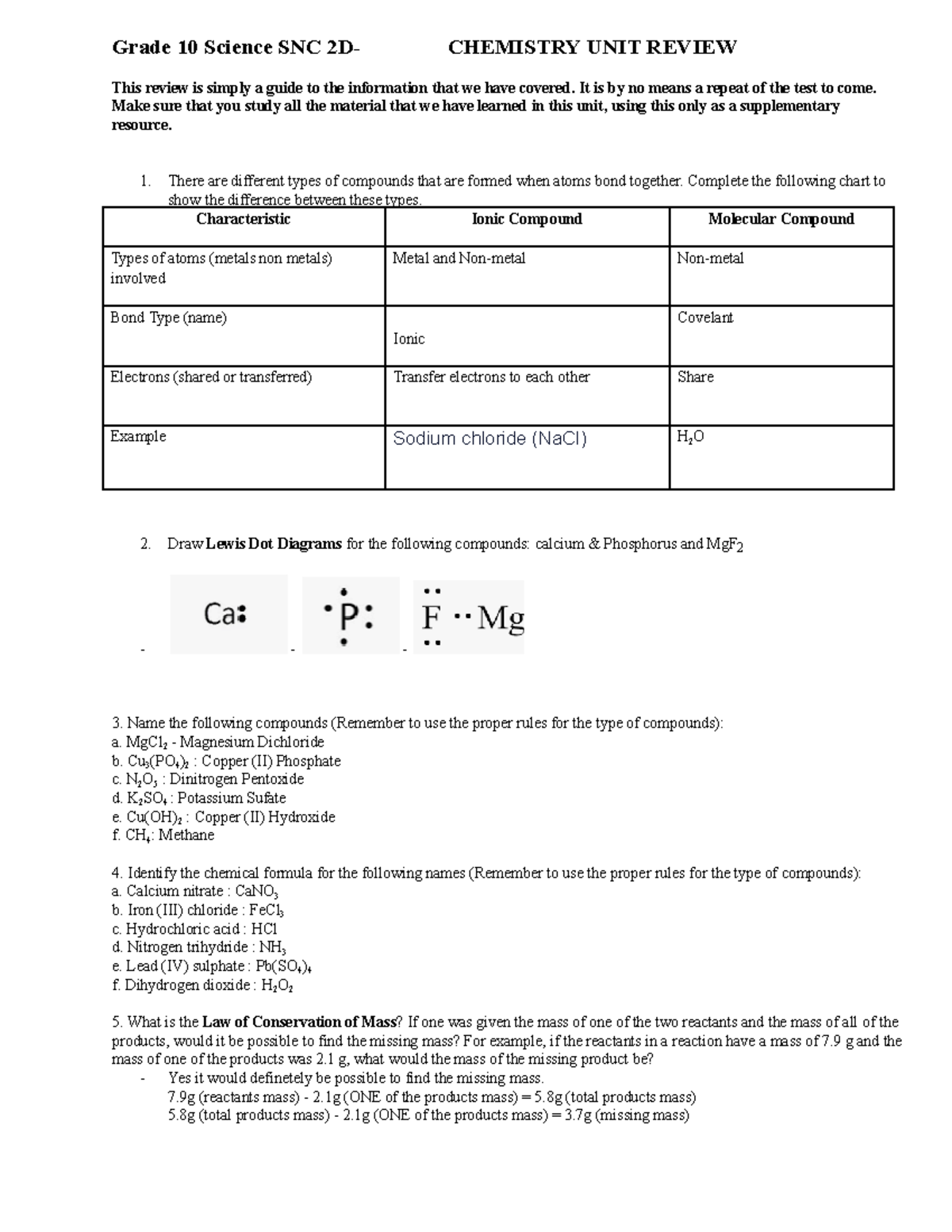 Chemistry Reveiw - Ur Welcome - Grade 10 Science Snc 2d- Chemistry Unit 