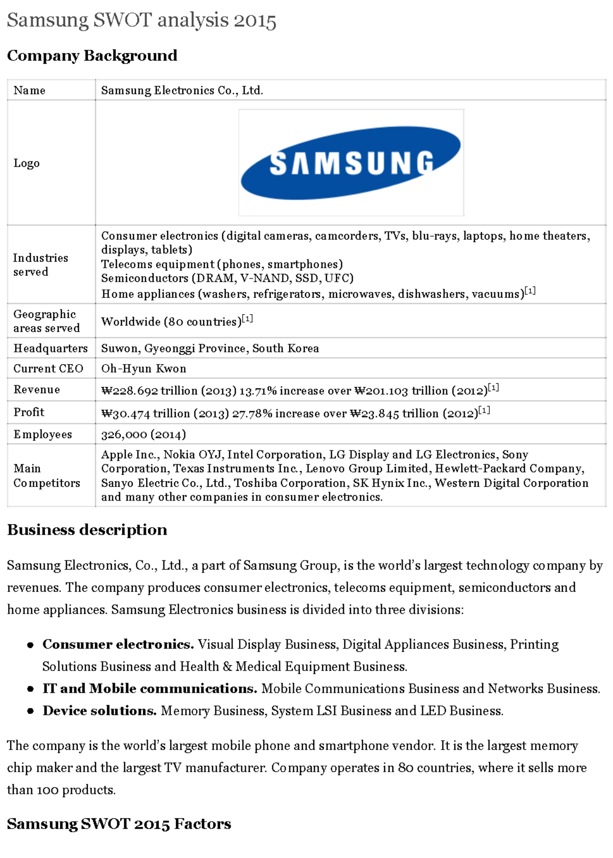 256901765 Samsung Electronics SWOT analysis 2015 Strategic Management