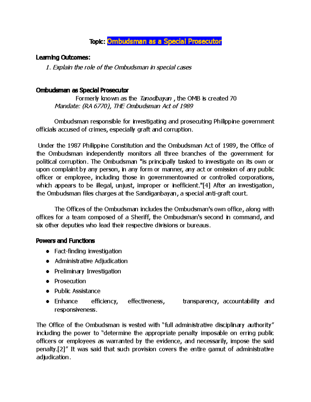 Ombudsman as a Special Prosecutor Topic Ombudsman as a Special