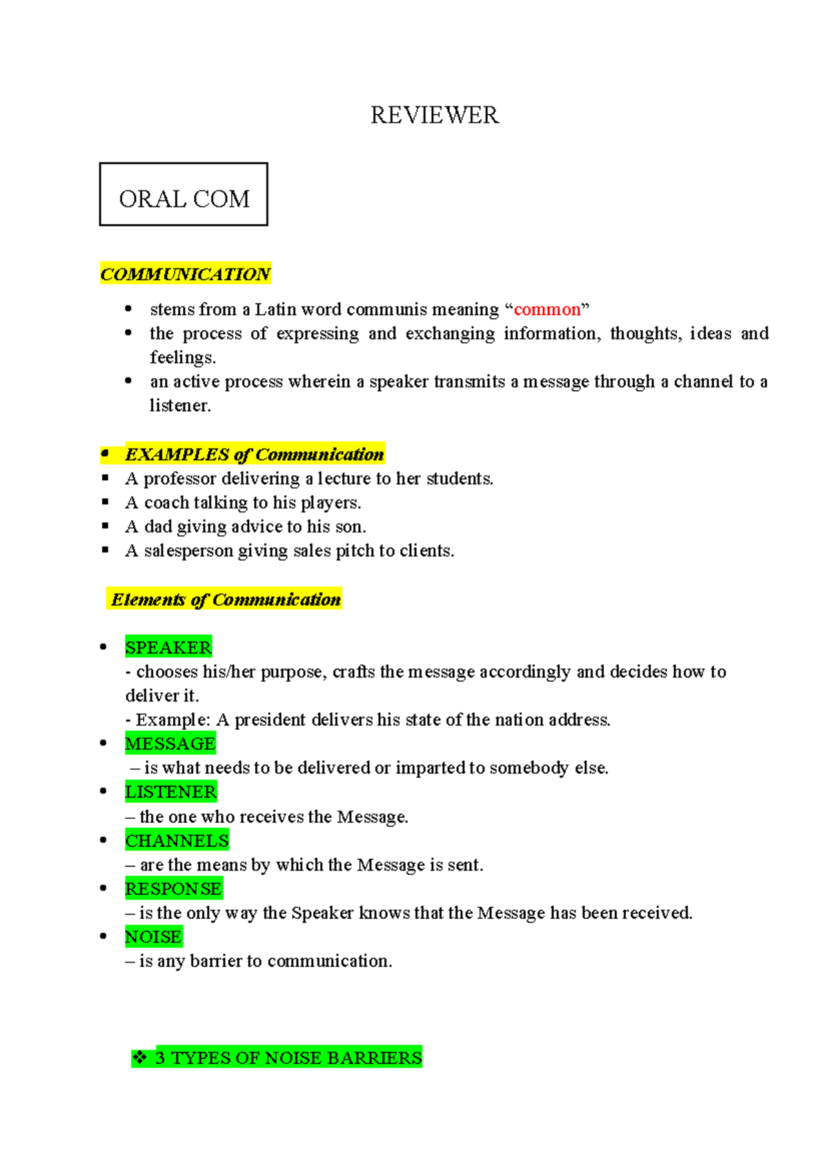 Oralcom reviewer - REVIEWER ORAL COM COMMUNICATION stems from a Latin ...