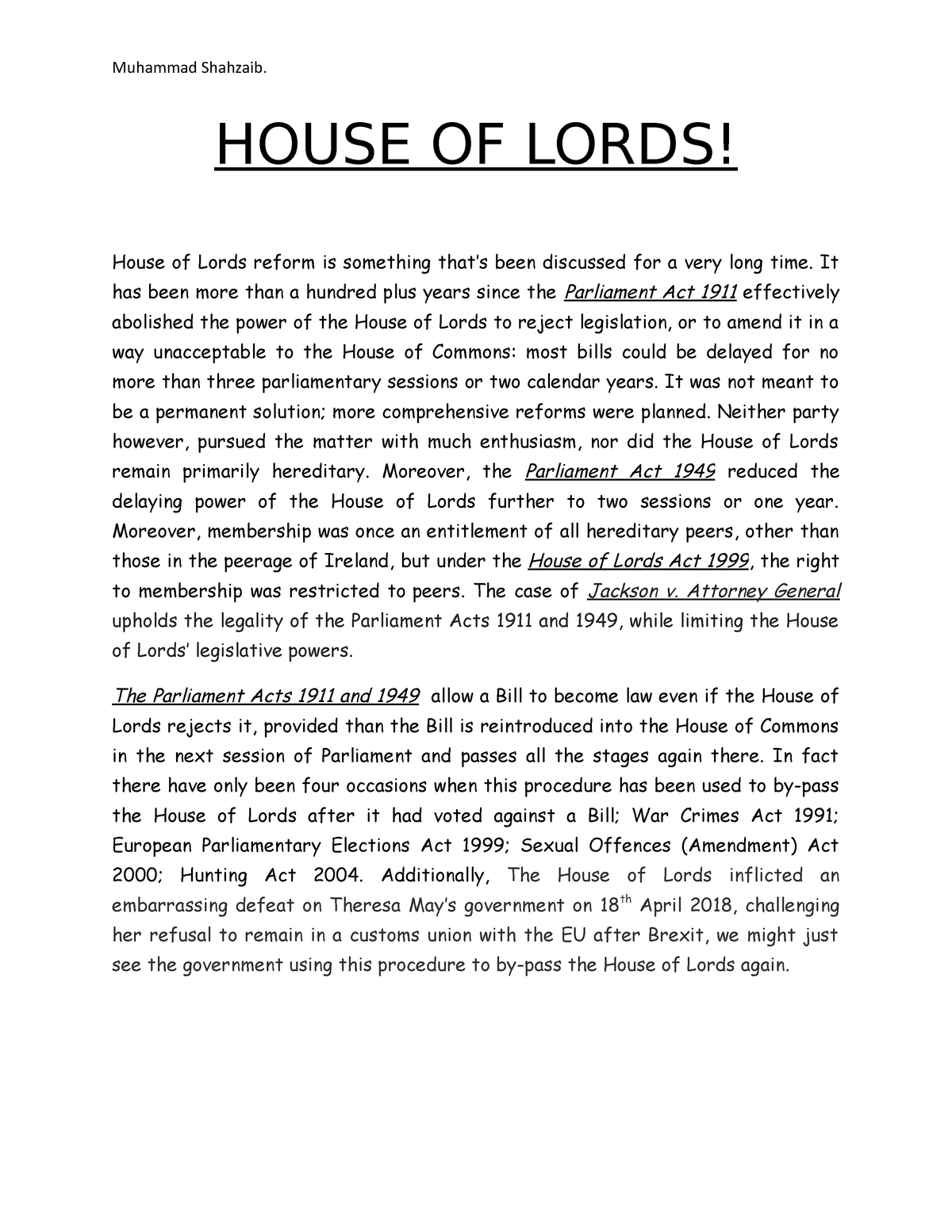 write an essay on house of lords