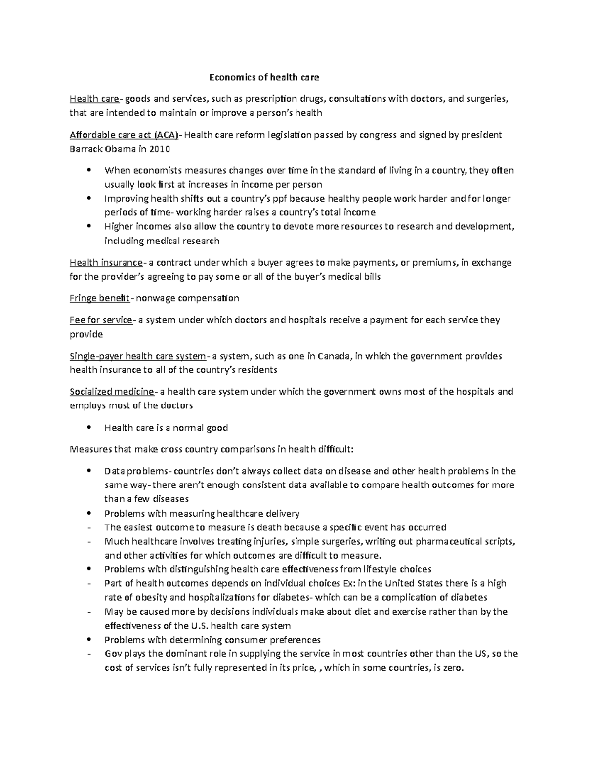 Chapter 7 - Lecture notes - Economics of health care Health care- goods ...