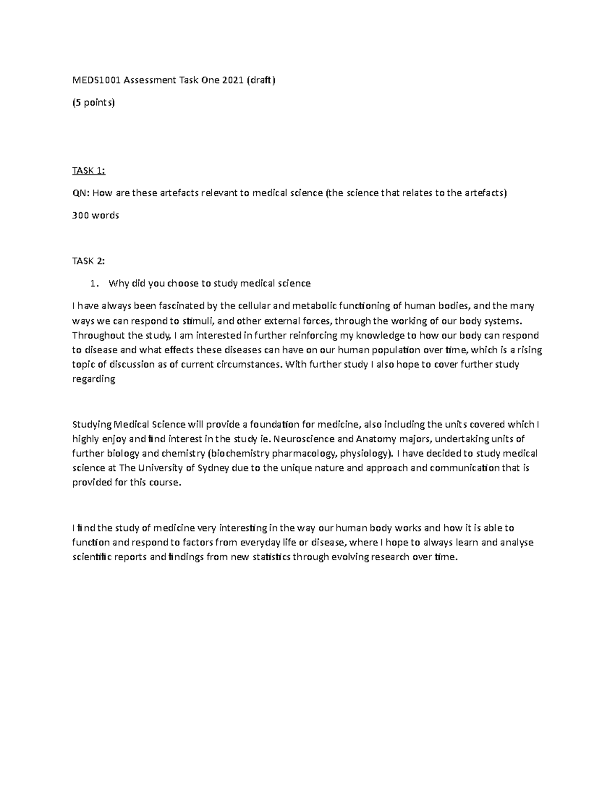 MEDS1001 Assessment Task One 2021, Semester 1 - MEDS1001 - USyd - Studocu