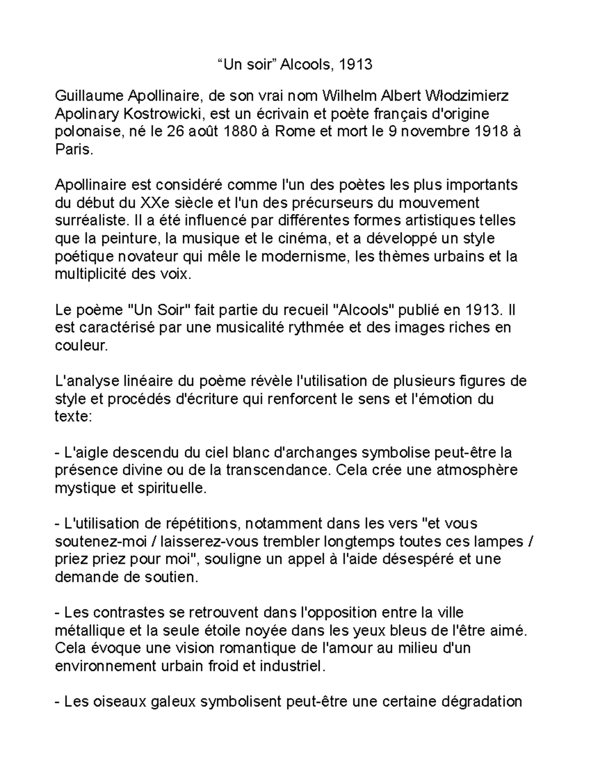 Un soir poeme “Un soir” Alcools, 1913 Guillaume Apollinaire, de son