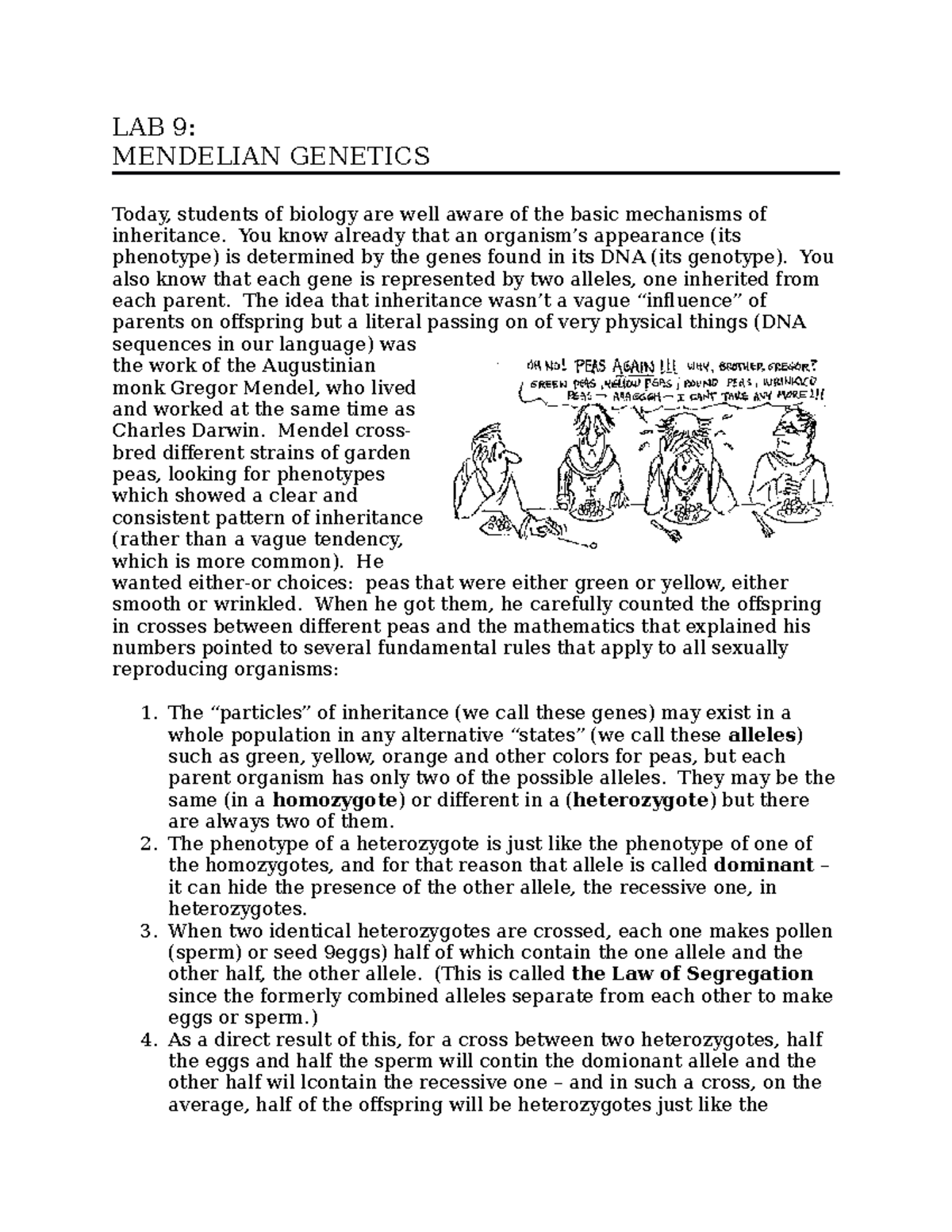 Bio 111 Lab 9 - Lab - LAB 9: MENDELIAN GENETICS Today, students of ...