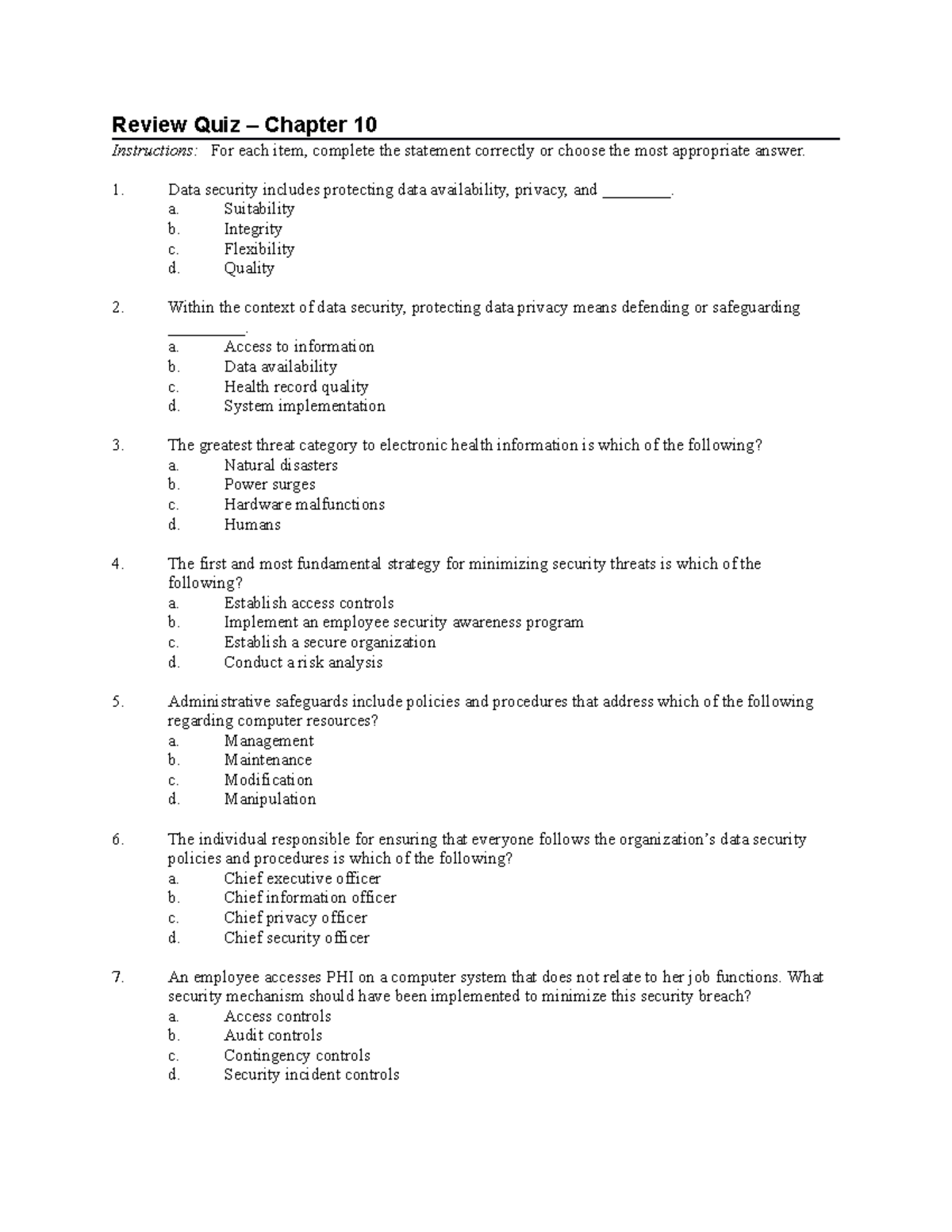 HIMT 1100 - Ch 10 Homework - Review Quiz Chapter 10 Instructions: For ...