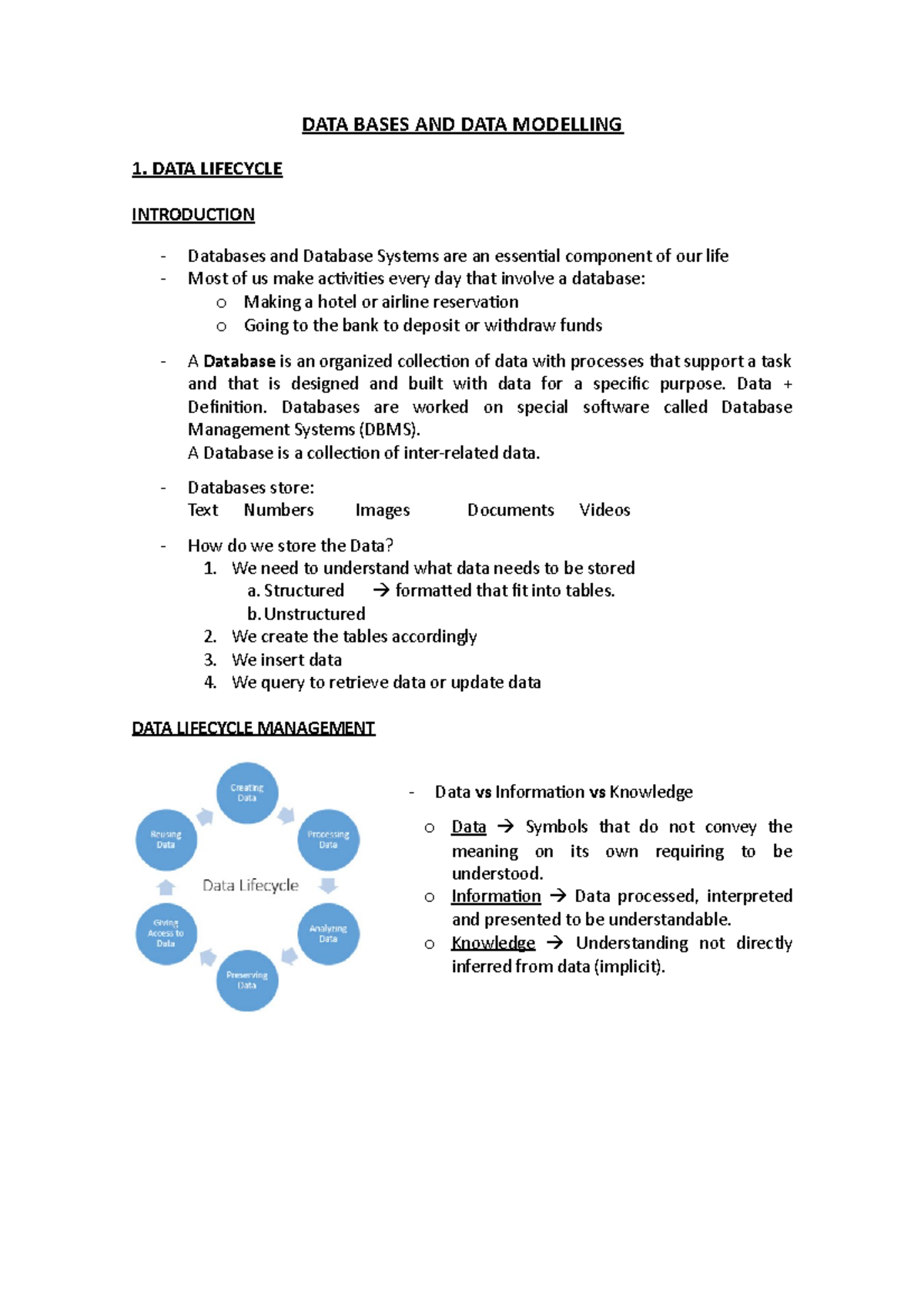 Topics 1,2,3,4,5 - Lecture notes - DATA BASES AND DATA MODELLING 1 ...