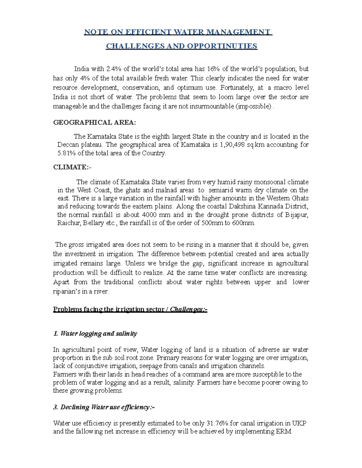Note on efficient water management challenges and opportunities - NOTE ...