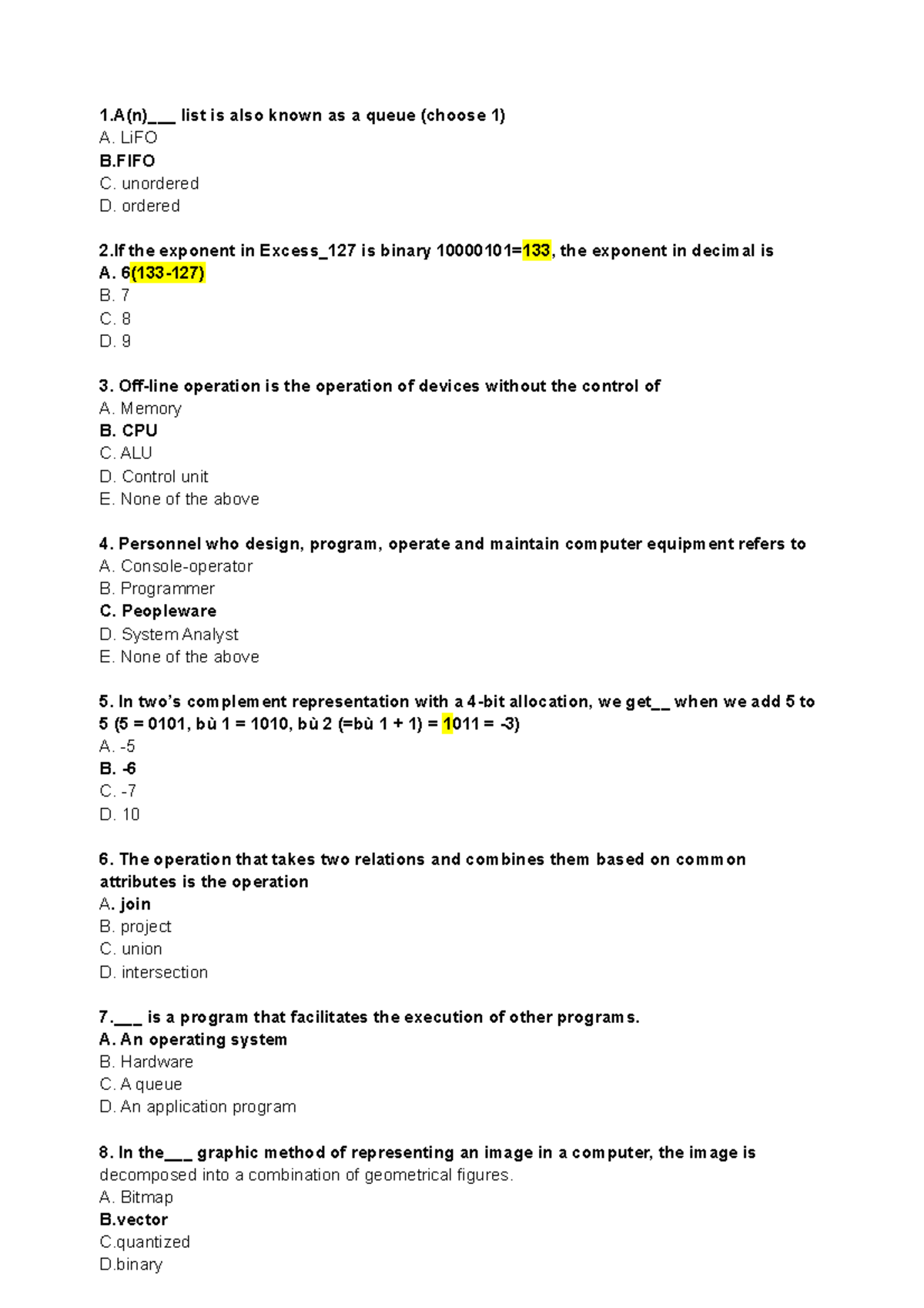 trac nghiem csi - 1(n)___ list is also known as a queue (choose 1) A ...