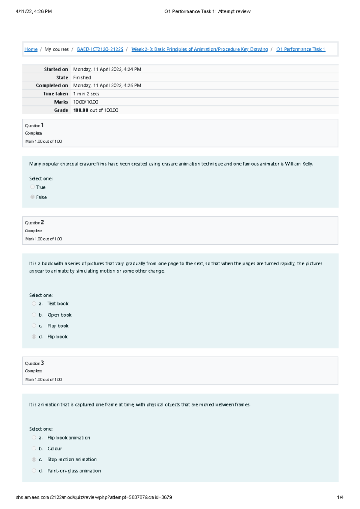 ICT2120 Animation ( NC II) Part 1 Q1 Performance Task 1 Attempt review ...