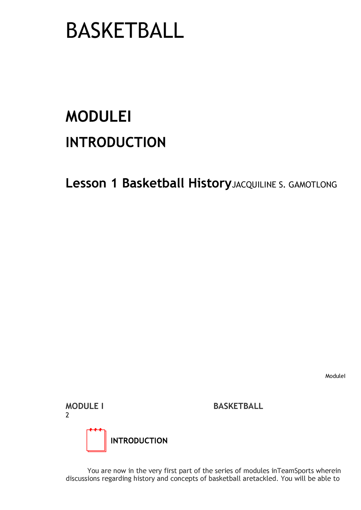 Module 1-Lesson 1 (Basketball) - BASKETBALL MODULEI INTRODUCTION Lesson ...