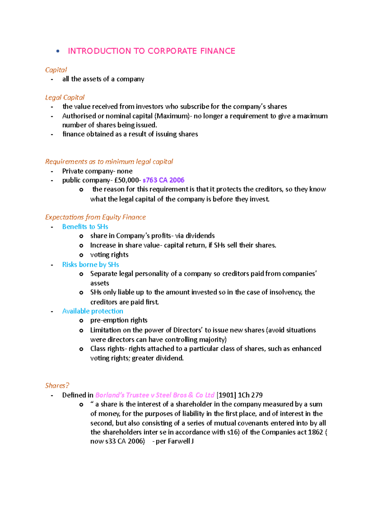 Corporate finance - Lecture notes 11-15 - INTRODUCTION TO CORPORATE ...