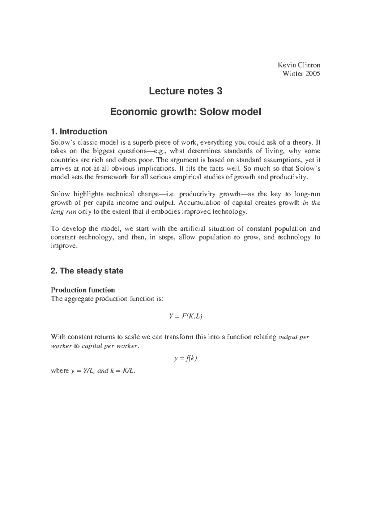 3 Solow growth model - Kevin Clinton Winter 2005 Lecture notes 3 ...