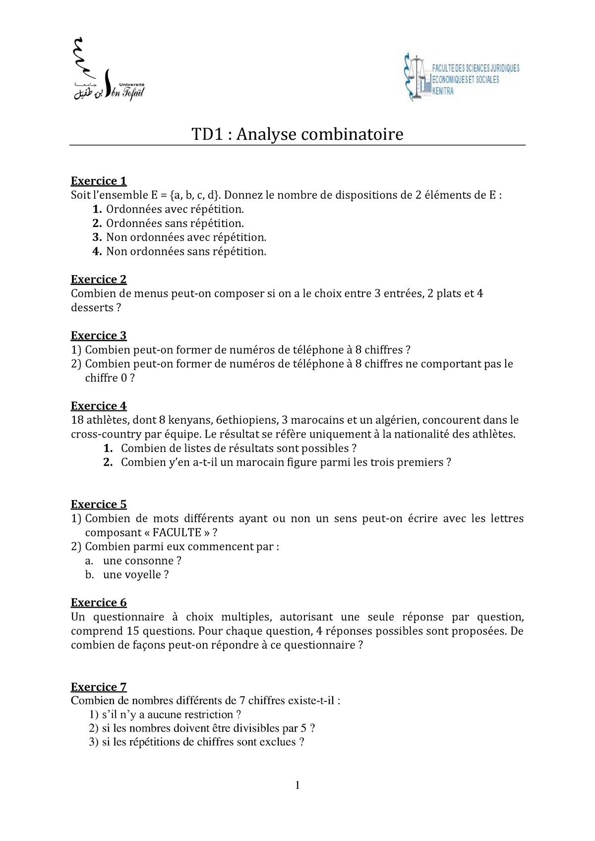 TD1 - Probabilités Et Statistiques - 1 TD1 : Analyse Combinatoire ...