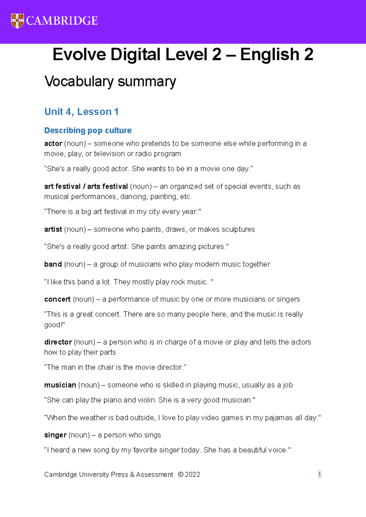 Unit 4 - E2 - Vocabulary - vocabulario - Cambridge University Press ...