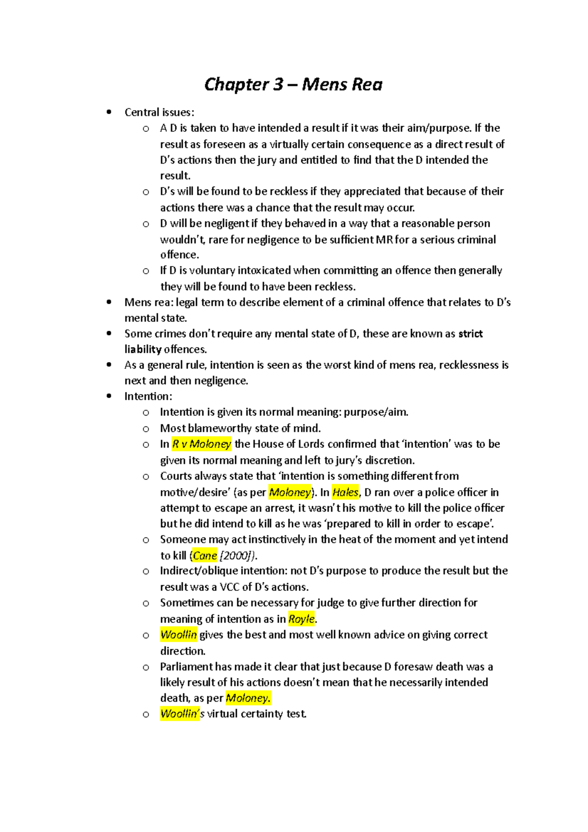 Definition of Mens Rea Chapter 3 Mens Rea Central issues o A D is taken to have intended a