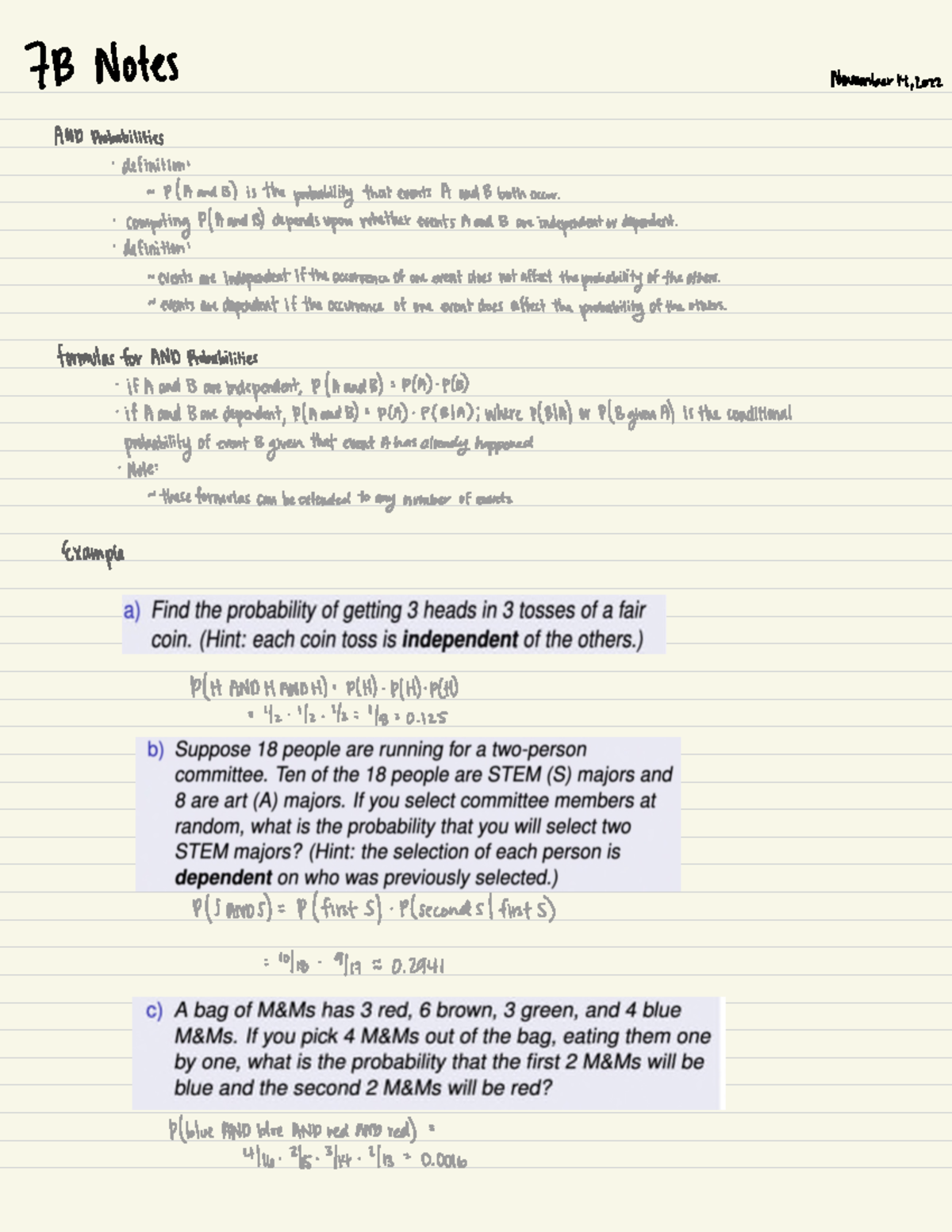 7B- Combining Probabilities Notes - 7B Notes November 14, 2022 AND ...