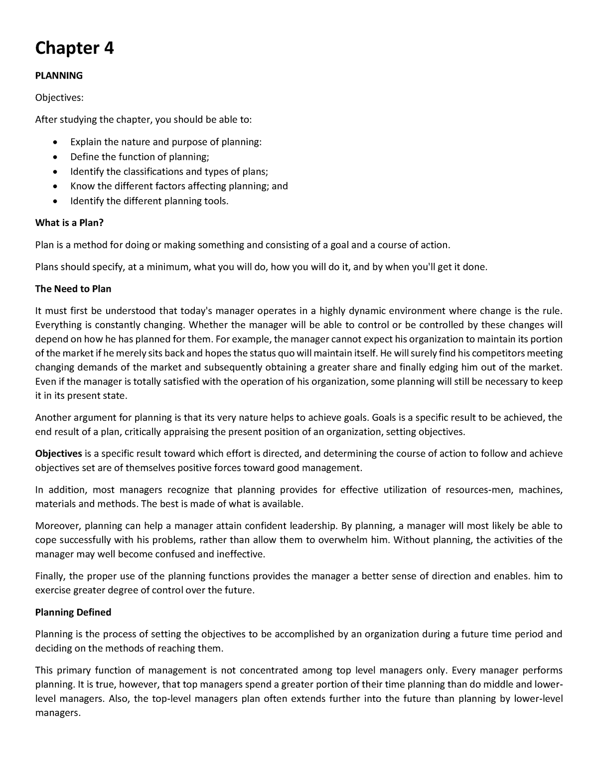 4 Planning BP1 - Business Management - Chapter 4 PLANNING Objectives ...