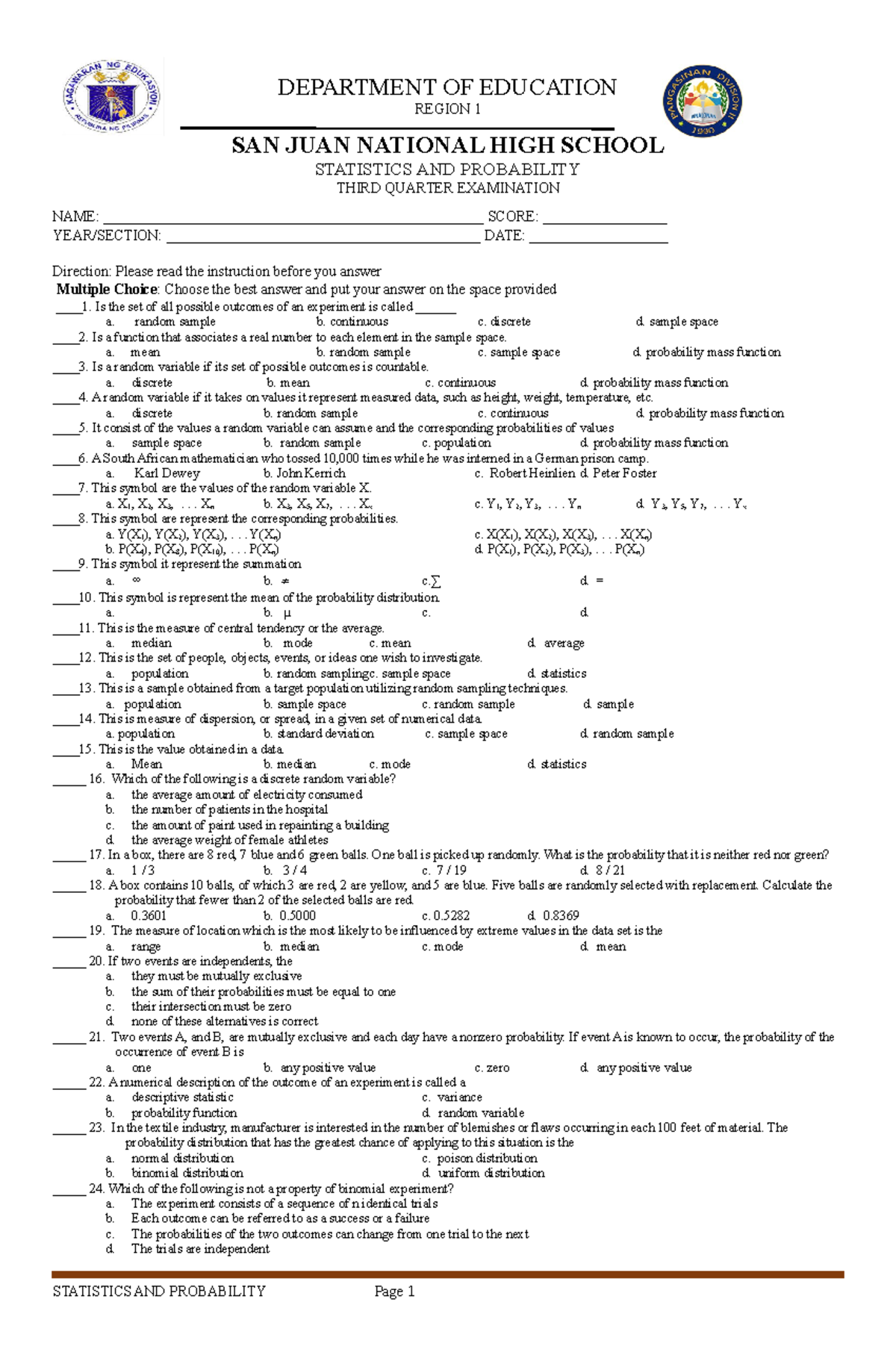 Statistics - .... - DEPARTMENT OF EDUCATION REGION 1 SAN JUAN NATIONAL ...