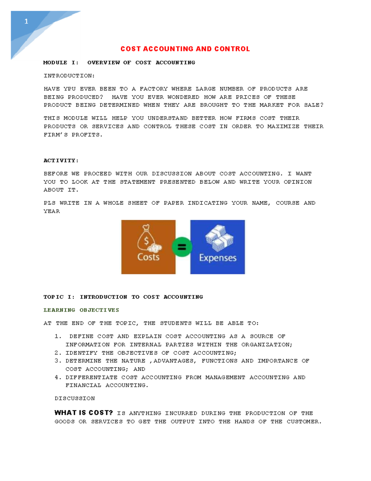 Module I Topic I Module Topic 1 And 4 And 5 - COST ACCOUNTING AND ...