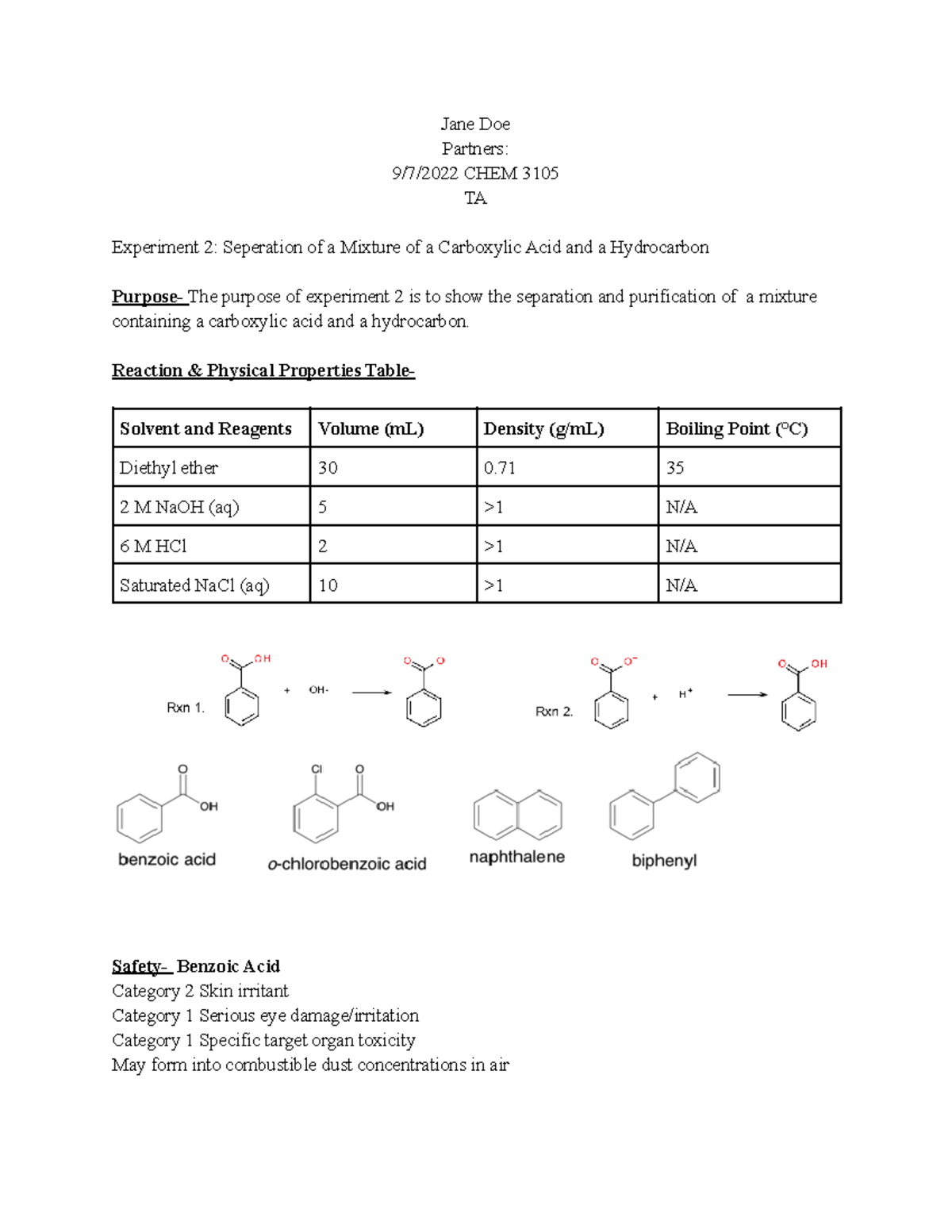 Copy of Organic Chemistry experiment 2 lap report Jane Doe Partners