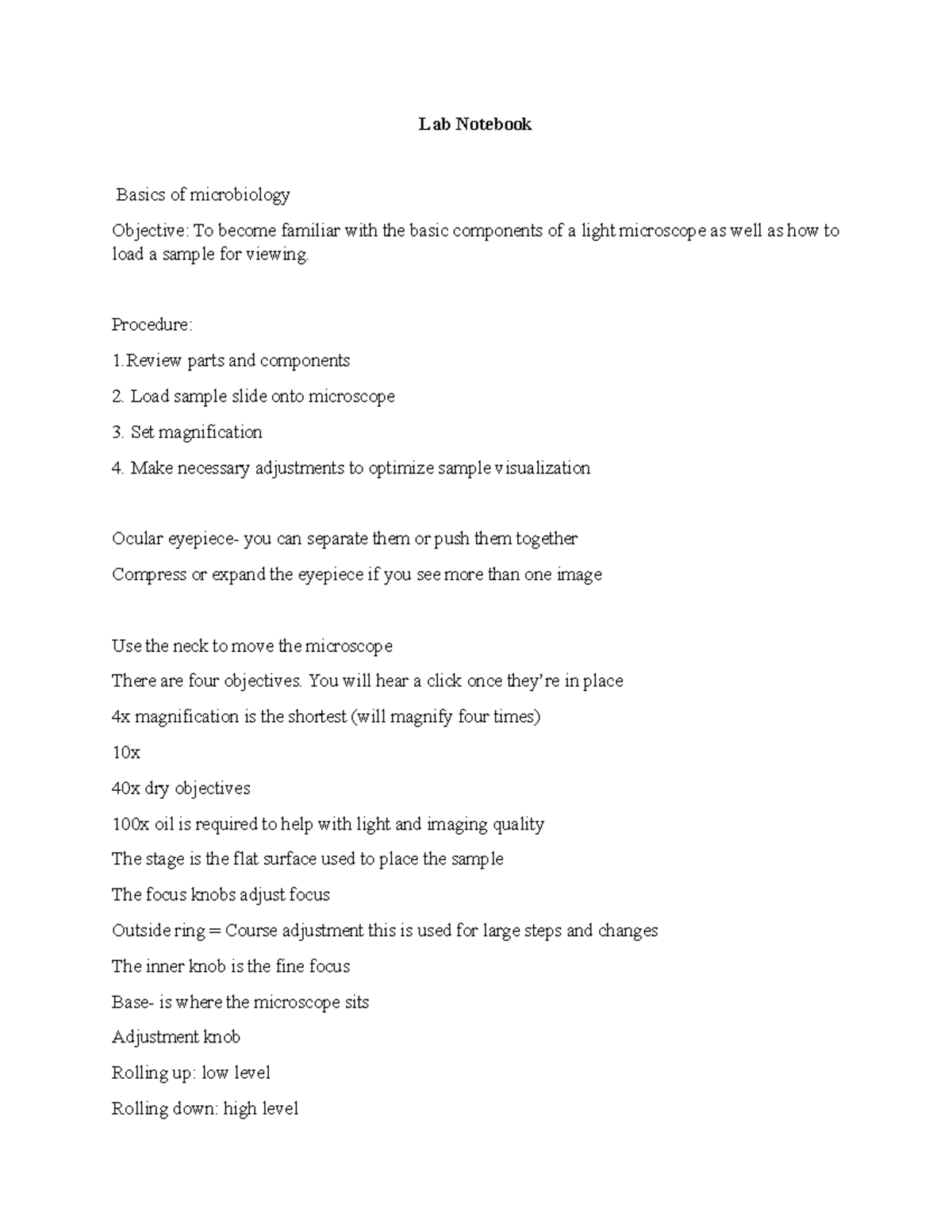 Bio 1020 lab notebook - Lab Notebook Basics of microbiology Objective ...
