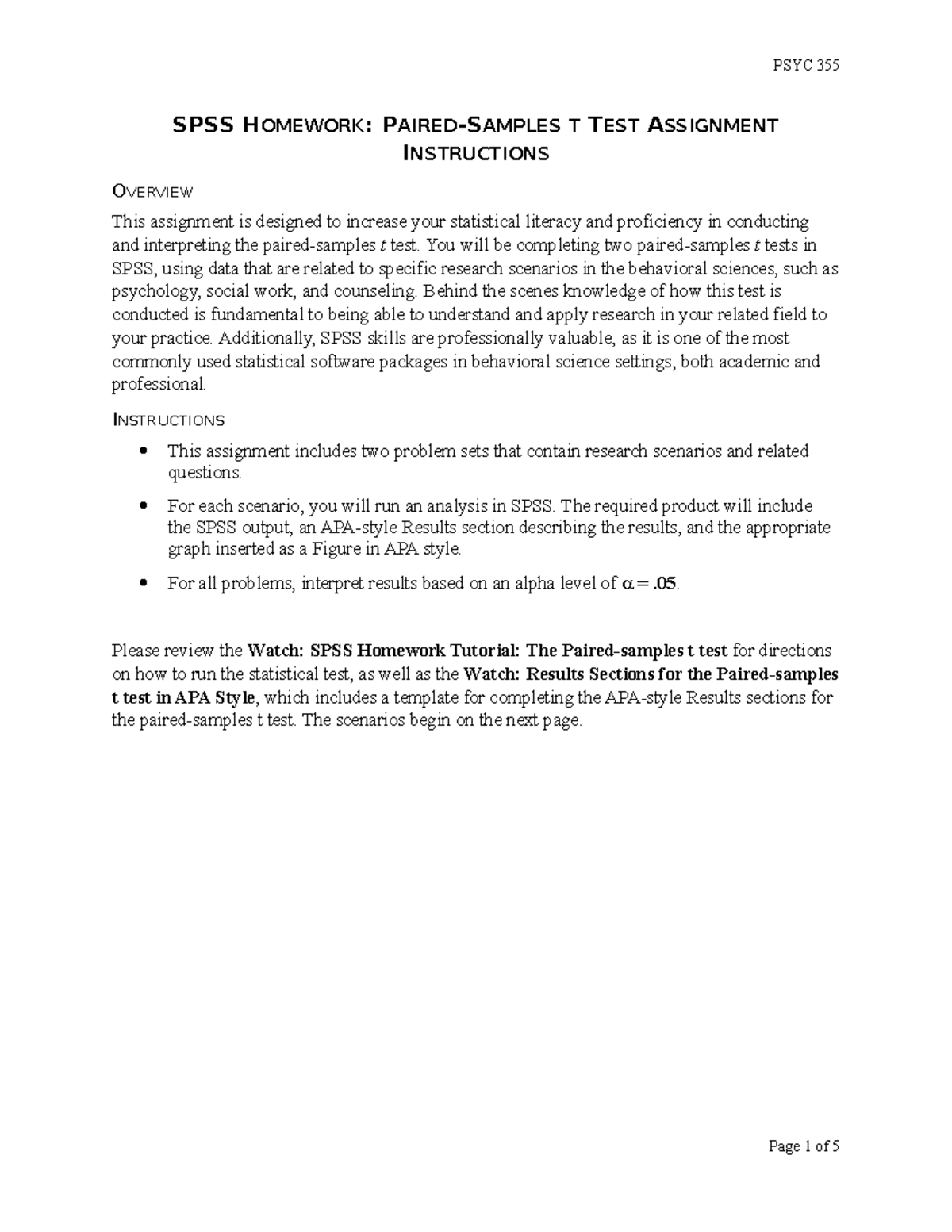SPSS Homework Paired Samples t Test Assignment Instructions - SPSS ...