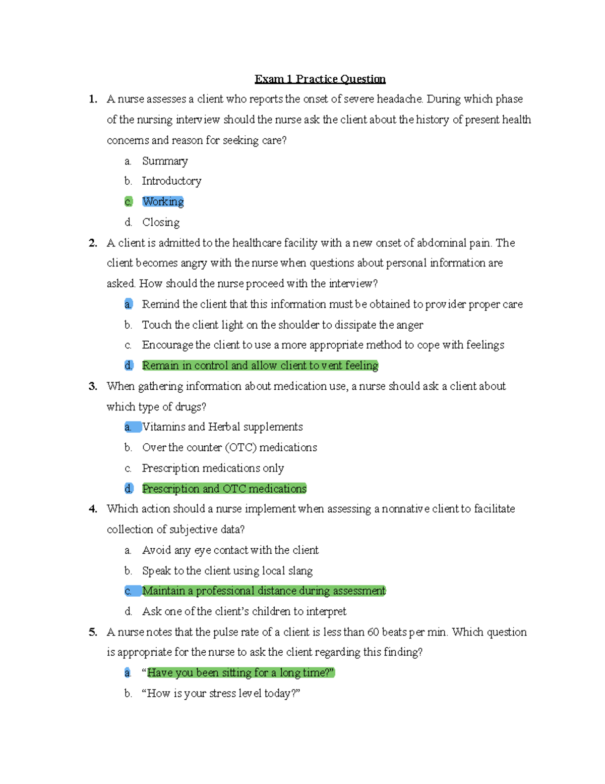 Exam 1 Practice Questions - SI - Exam 1 Practice Question A nurse ...