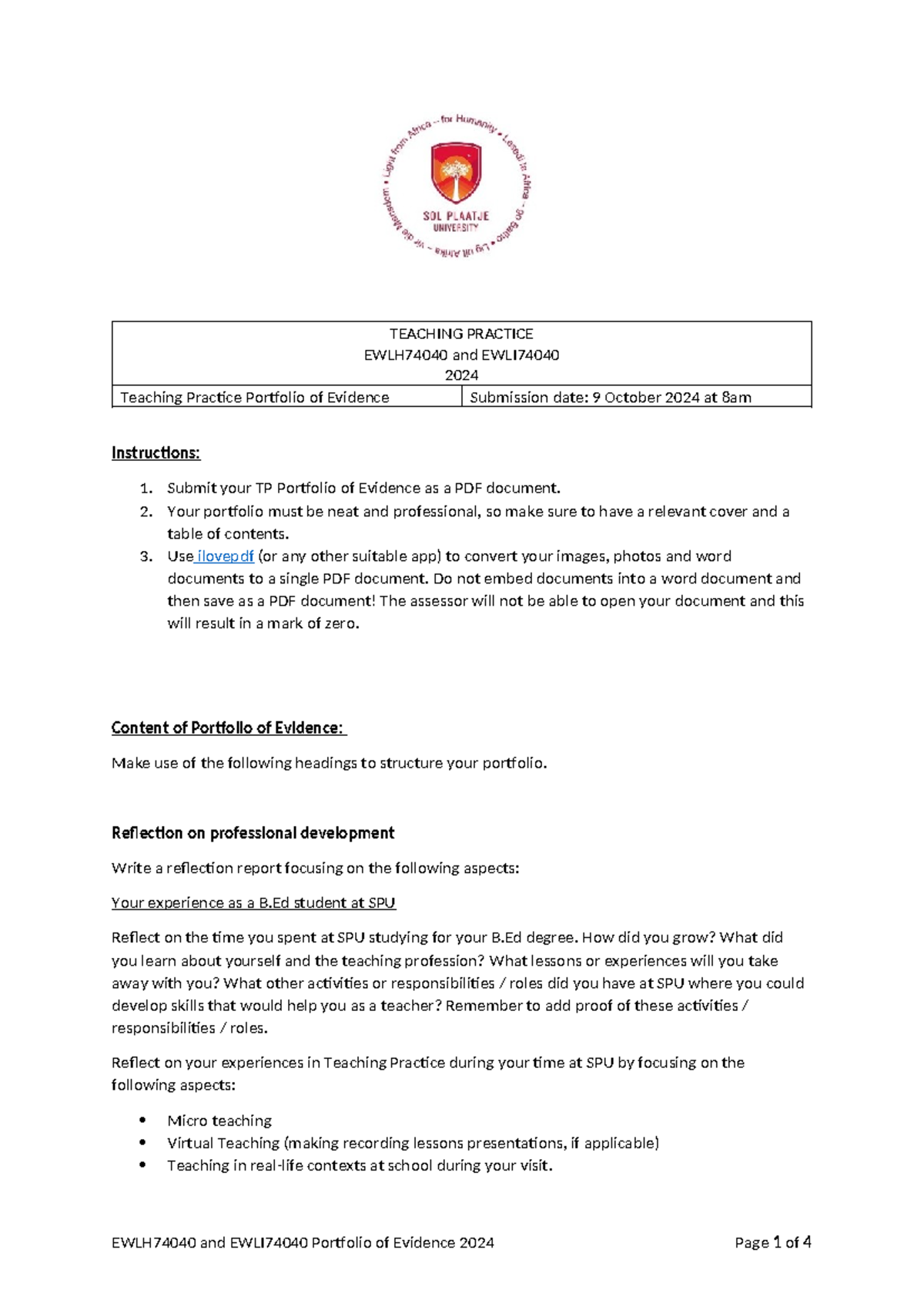 Portfolio 2024 instructions B - TEACHING PRACTICE EWLH74040 and EWLI ...