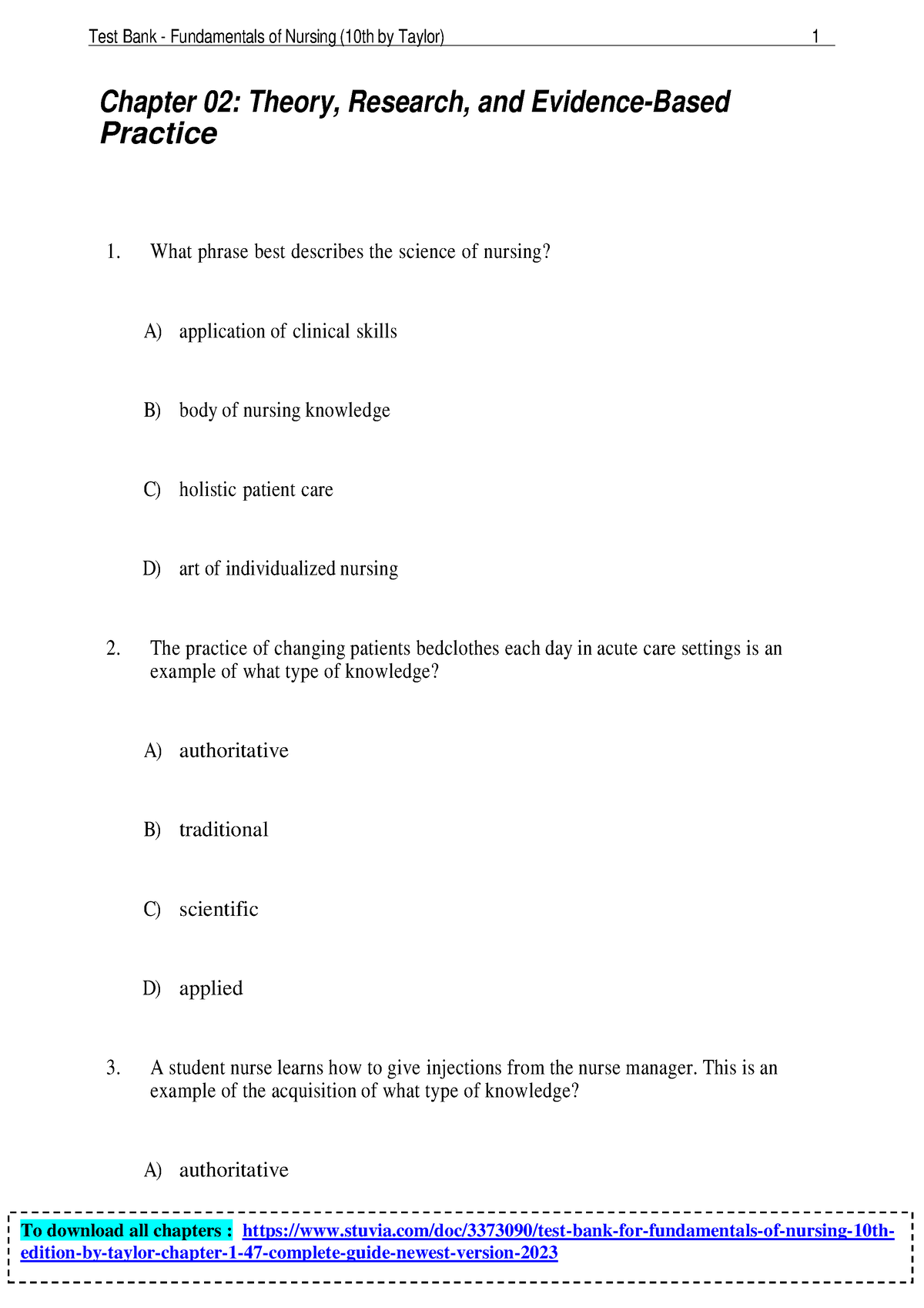 Test Bank Fundamentals Of Nursing 10th Edition By Taylor - Chapter 02 ...