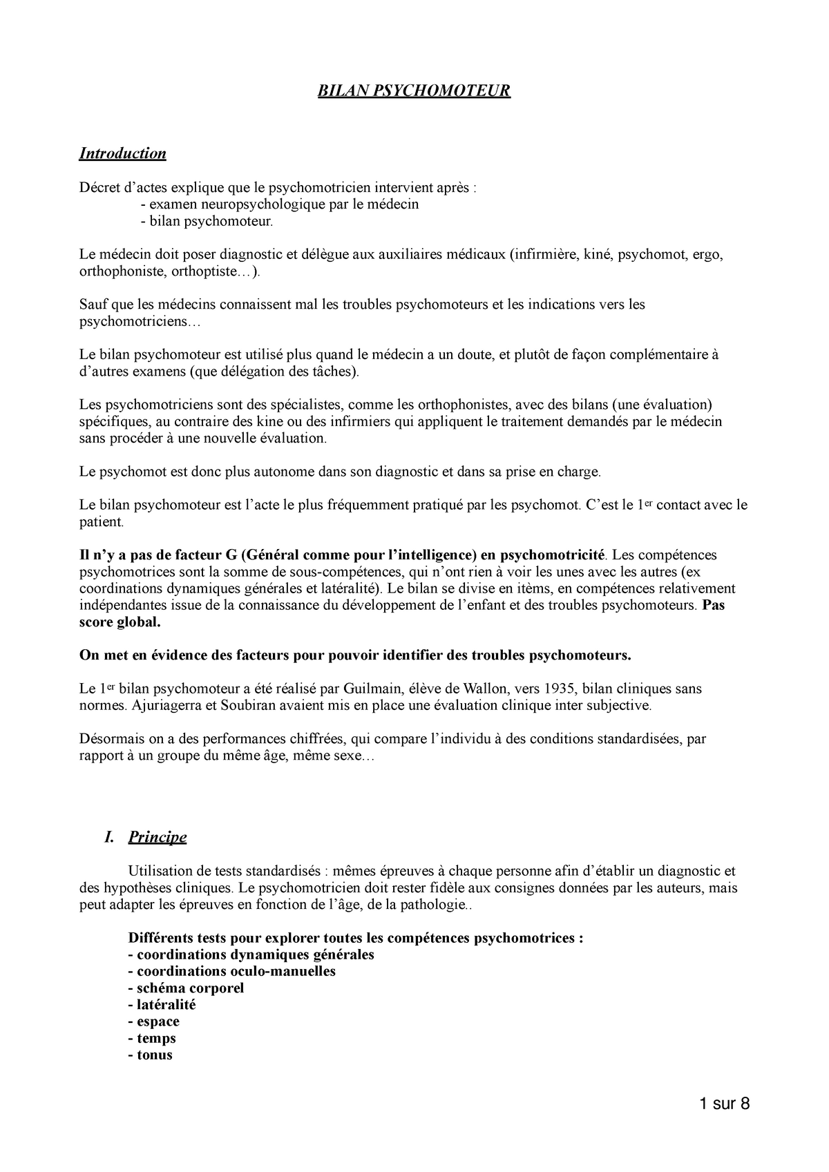 Fiche bilan psychomoteur  BILAN PSYCHOMOTEUR Introduction explique que