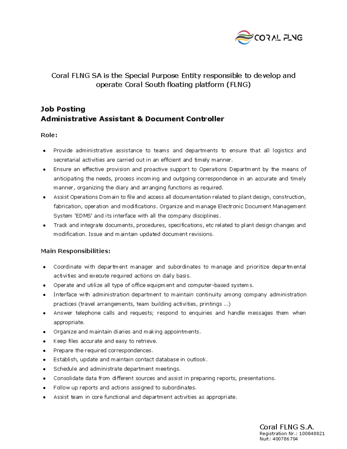 Administrative Assistant Document Controller 1691124060 - Coral FLNG SA ...