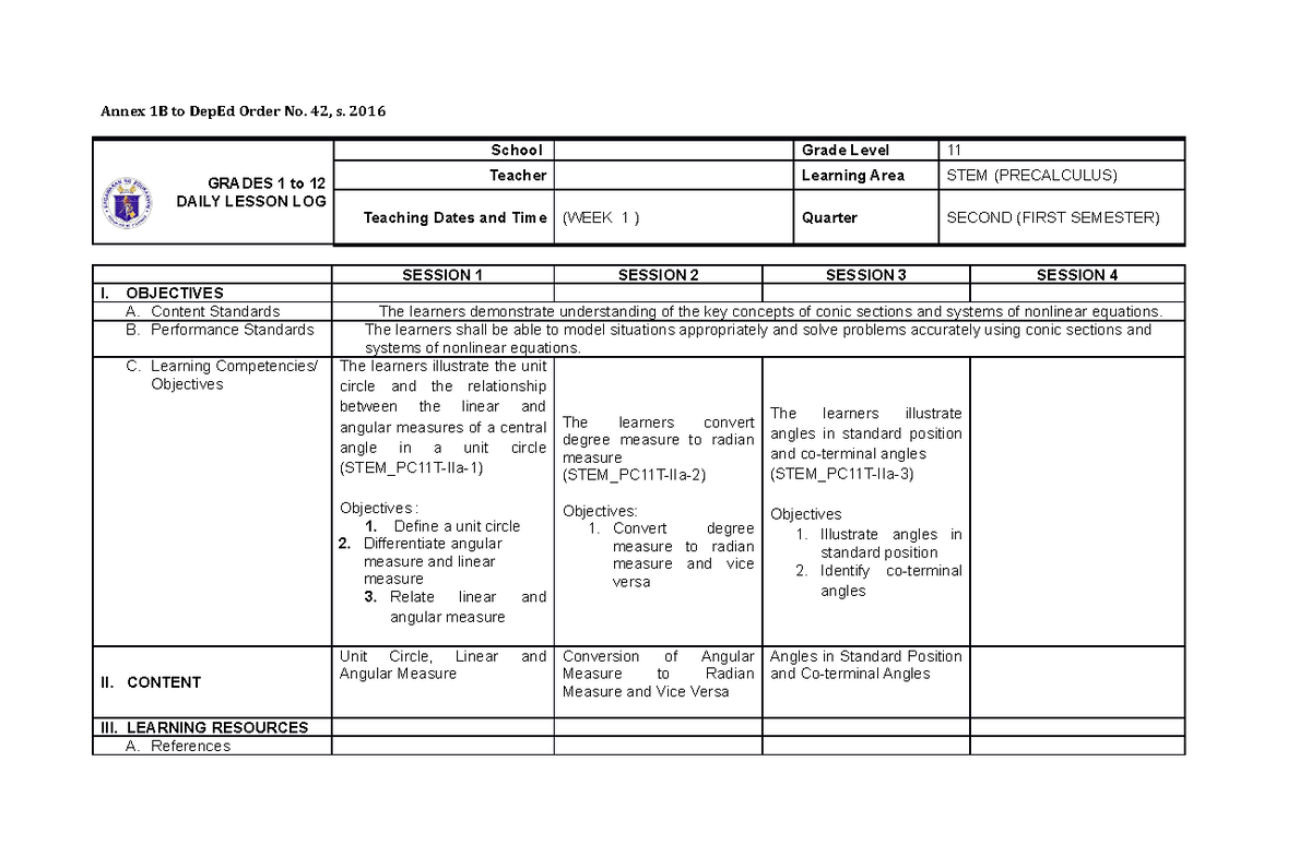 DLL Pre Calculus 2nd quarter - Annex 1B to DepEd Order No. 42, s. 2016 ...