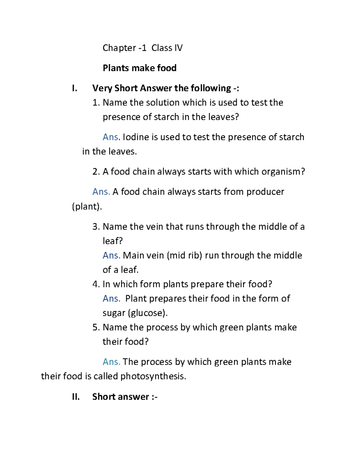 4- ch1 science - notes - Chapter - 1 Class IV Plants make food I. Very ...