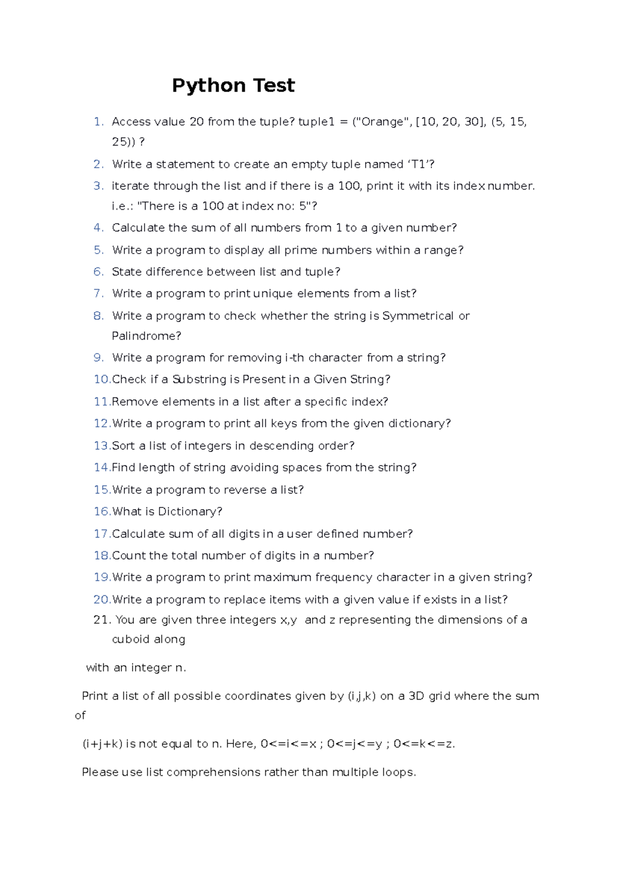 List,string,dictionary,tuple,for,while test Python Test Access value