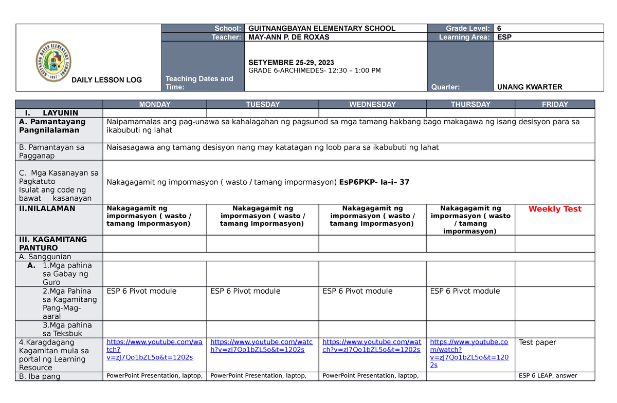 DLL ESP6 Q1 W4-Sept - Esp Lesson Plan - DAILY LESSON LOG School ...