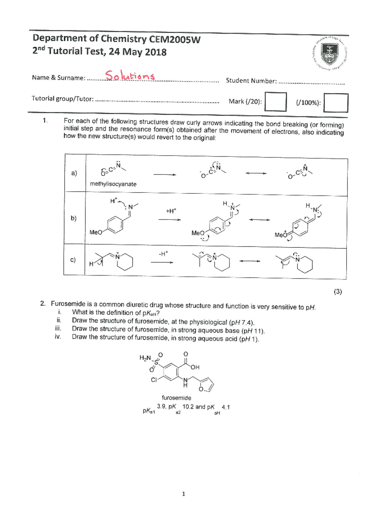 Test B 2018, Answers - Department Of Chemistry CEMZOOSW 2nd Tutorial ...